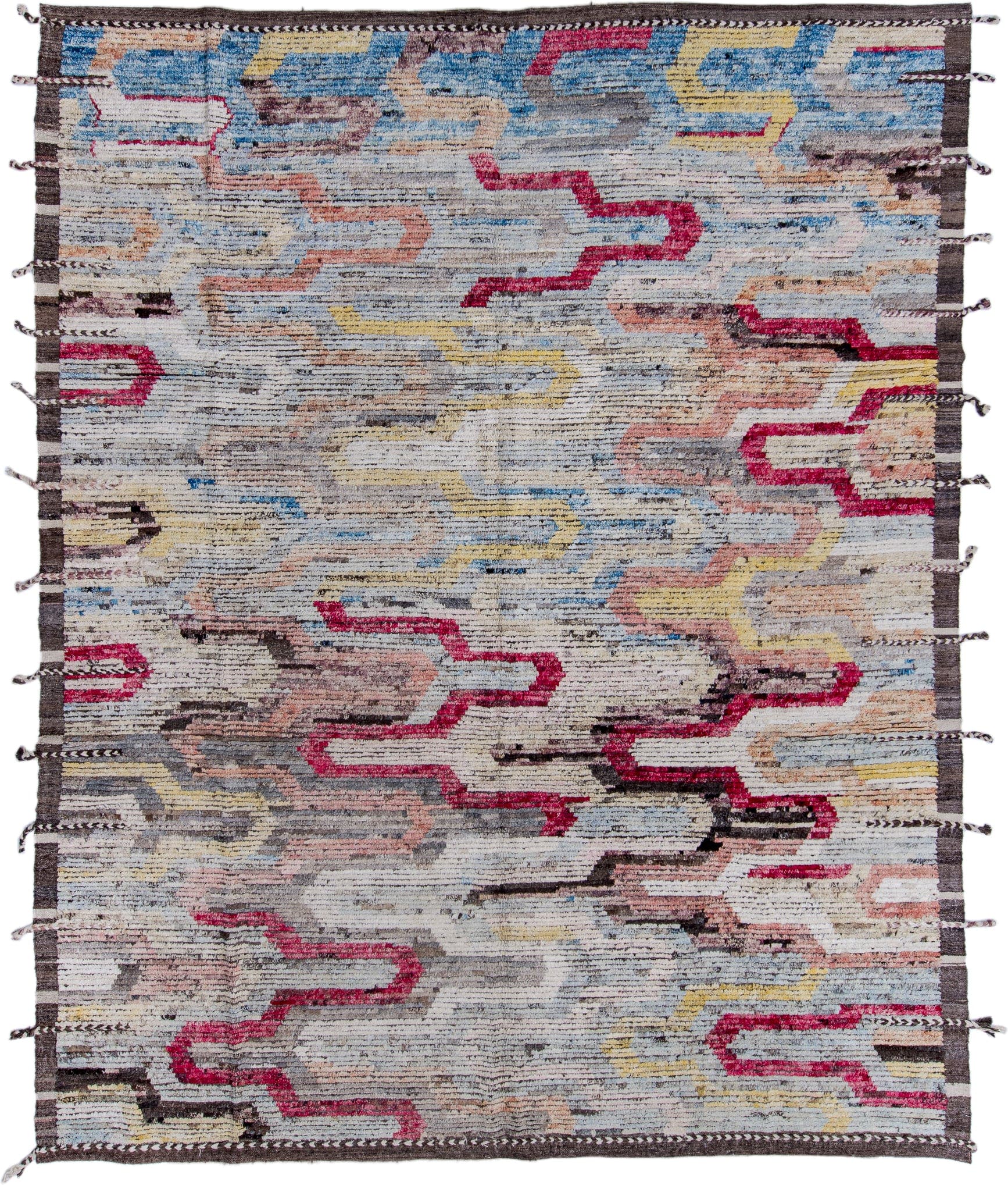 9' x 12' one-of-a-kind handmade vintage Tulu large size rug. Color palette: ivory, gray, charcoal, raspberry, sky blue