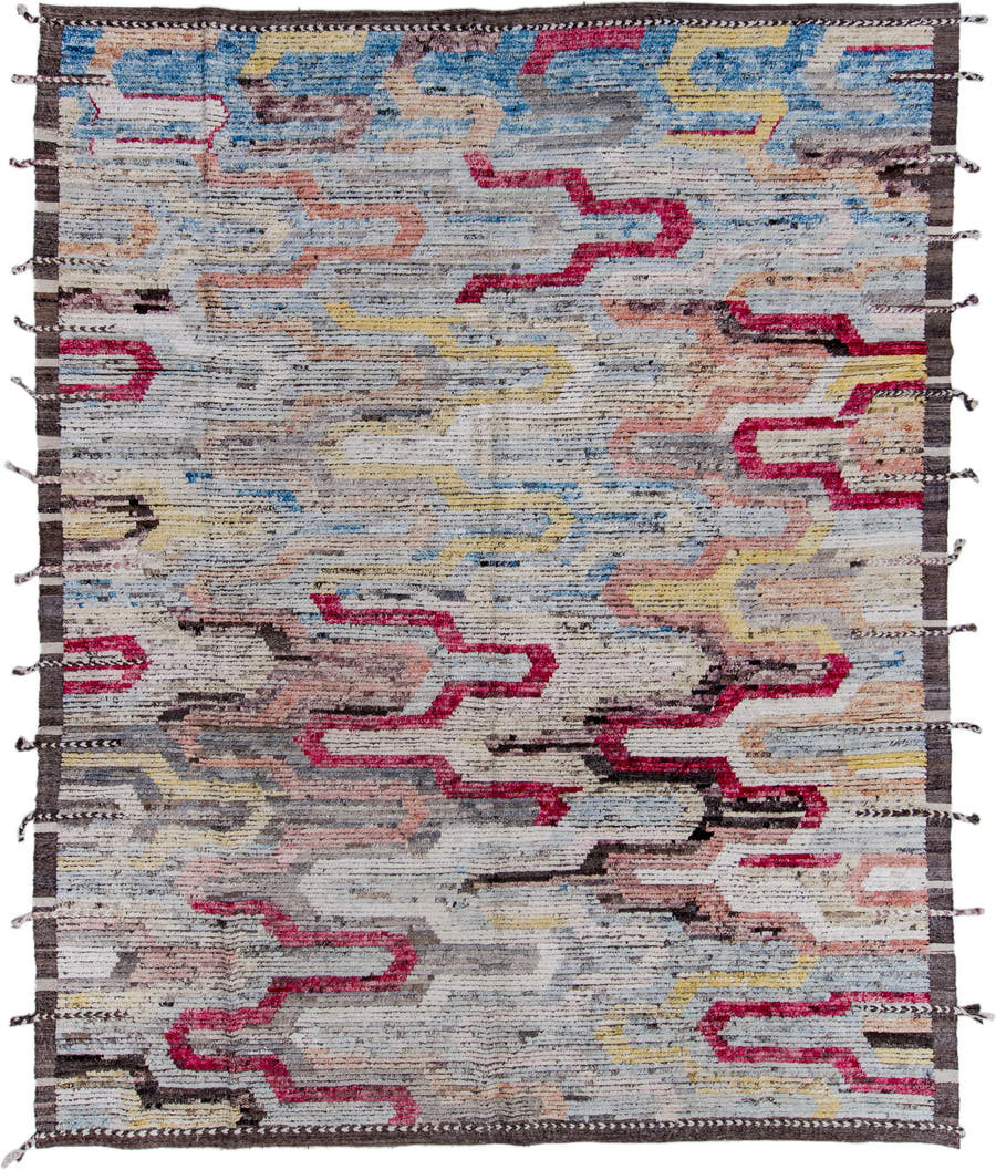 9' x 12' one-of-a-kind handmade vintage Tulu large size rug. Color palette: ivory, gray, charcoal, raspberry, sky blue