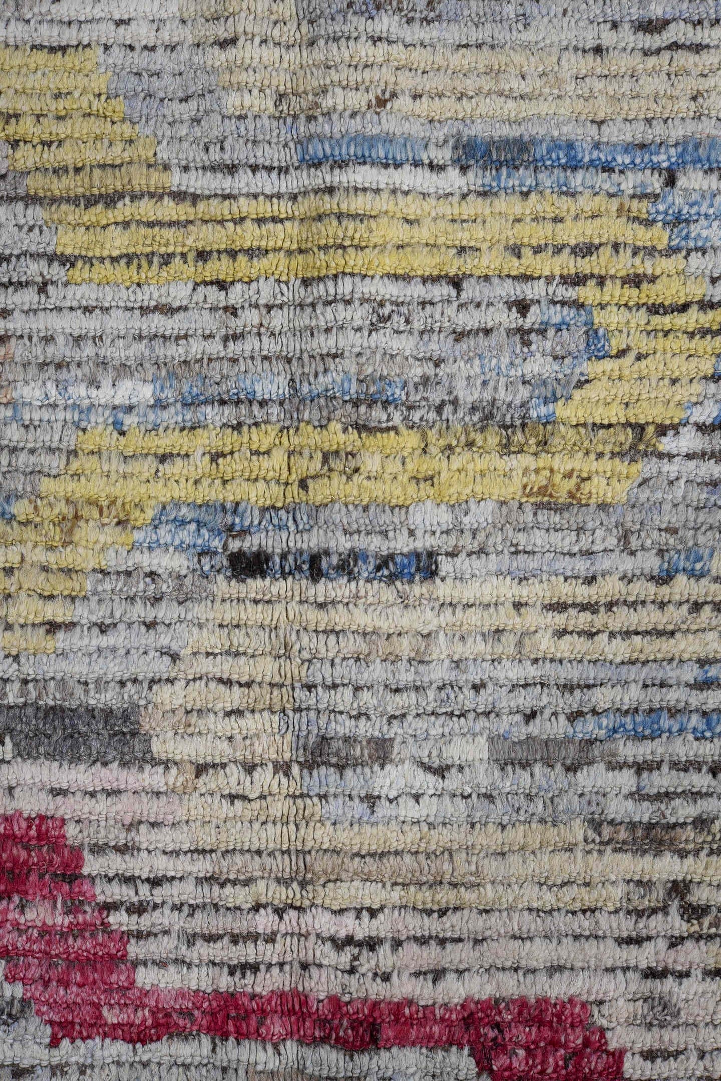 9' x 12' one-of-a-kind handmade vintage Tulu large size rug. Color palette: ivory, gray, charcoal, raspberry, sky blue