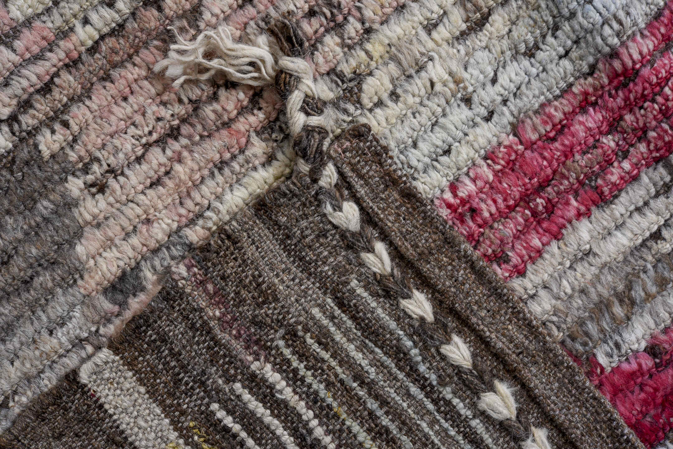 9' x 12' one-of-a-kind handmade vintage Tulu large size rug. Color palette: ivory, gray, charcoal, raspberry, sky blue