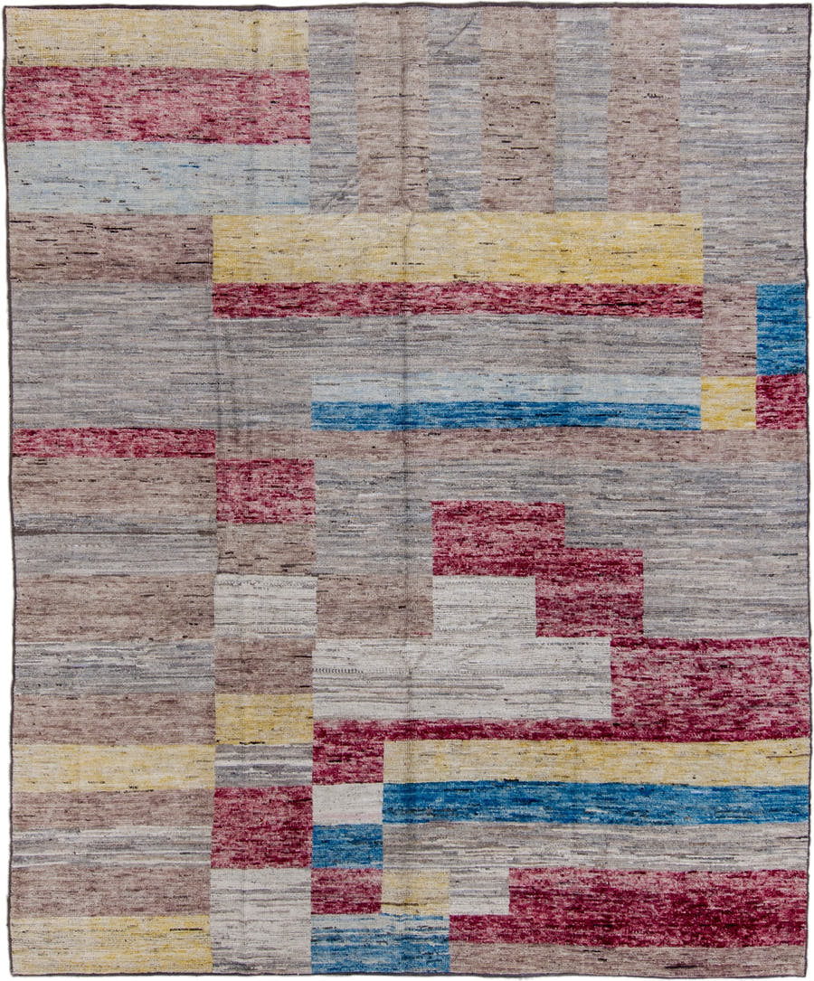 8' x 10' one-of-a-kind handmade vintage Tulu large size rug. Color palette: taupe, ivory, burgundy, blue, saffron, gray