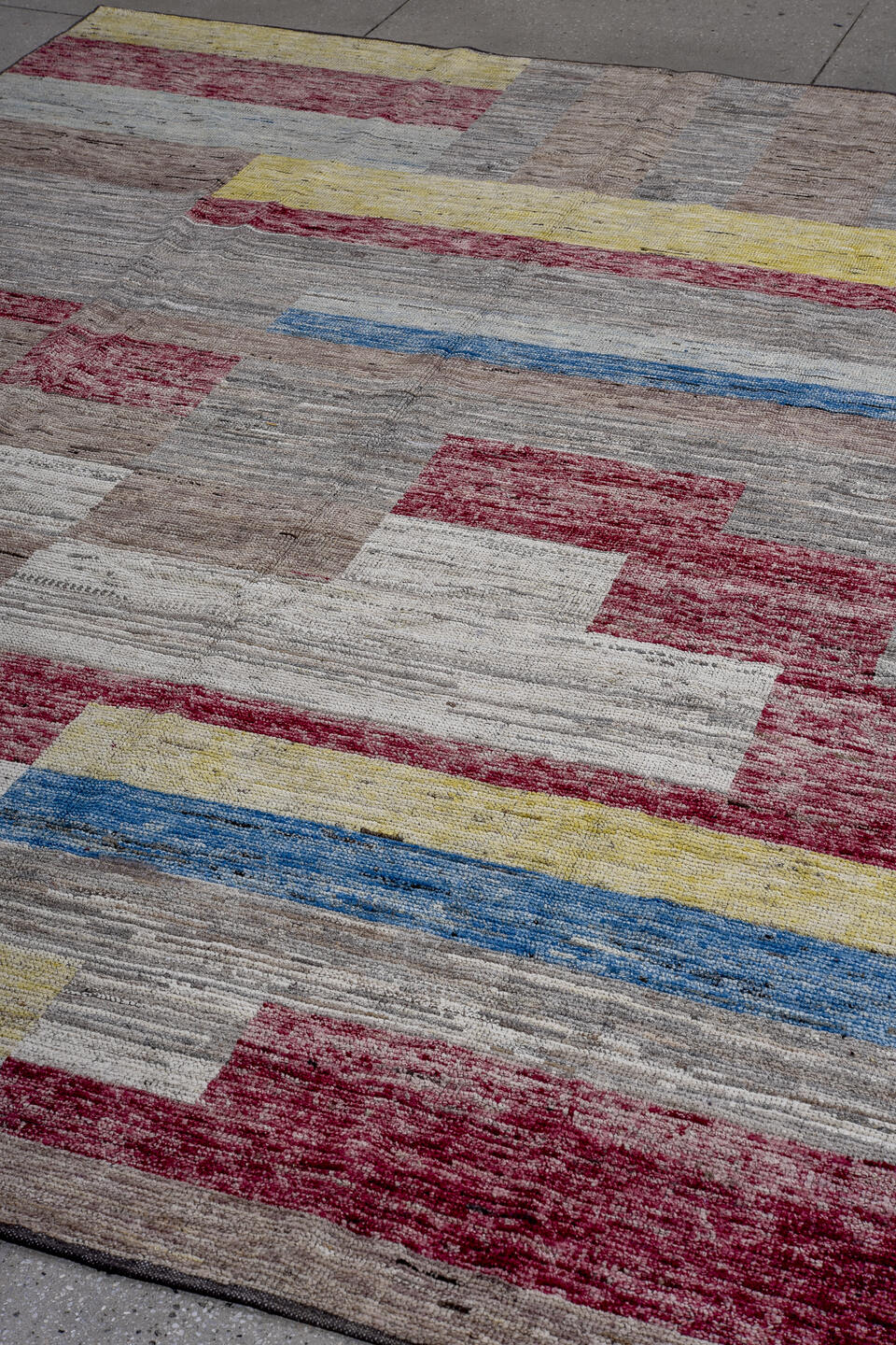 8' x 10' one-of-a-kind handmade vintage Tulu large size rug. Color palette: taupe, ivory, burgundy, blue, saffron, gray