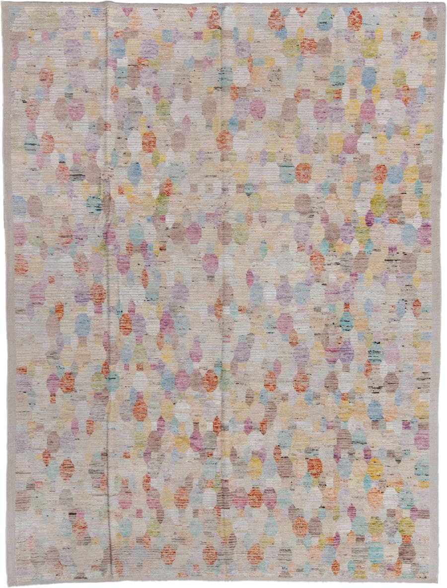 9' x 11' one-of-a-kind handmade vintage Tulu large size rug. Color palette: ivory, taupe, lavender, sky_blue, pale_yellow