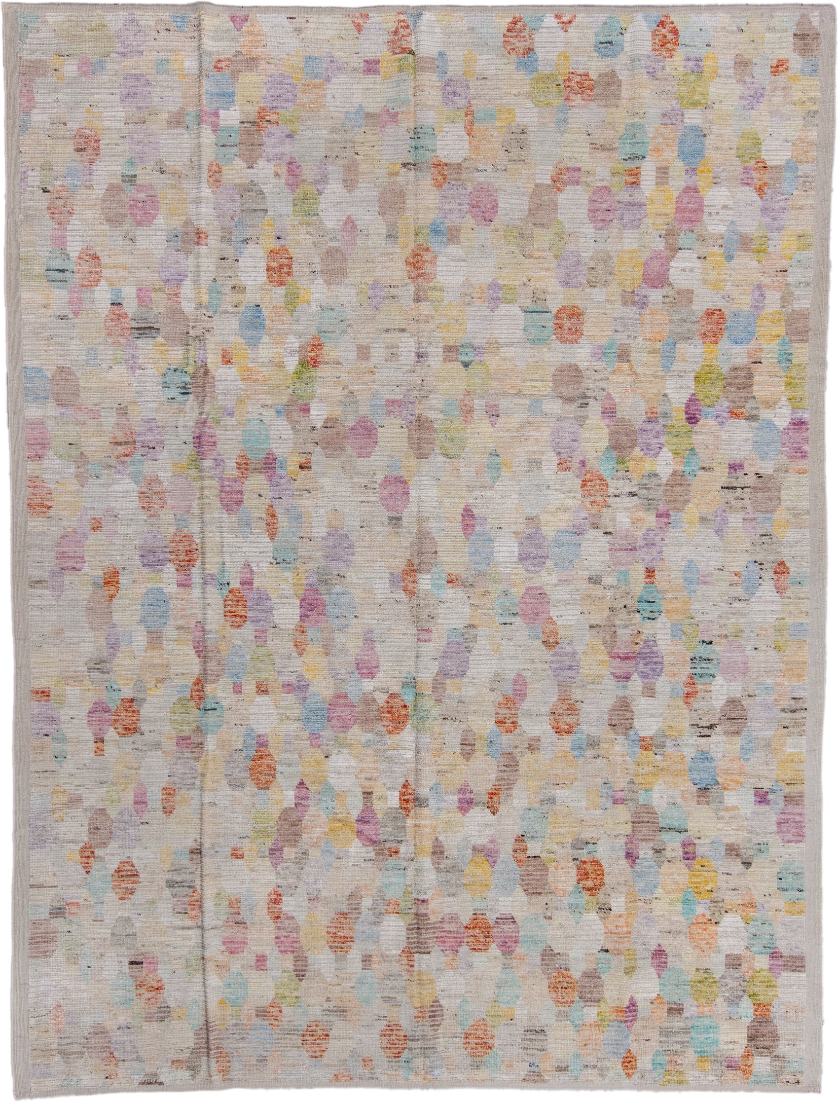 9' x 11' one-of-a-kind handmade vintage Tulu large size rug. Color palette: ivory, taupe, lavender, sky_blue, pale_yellow