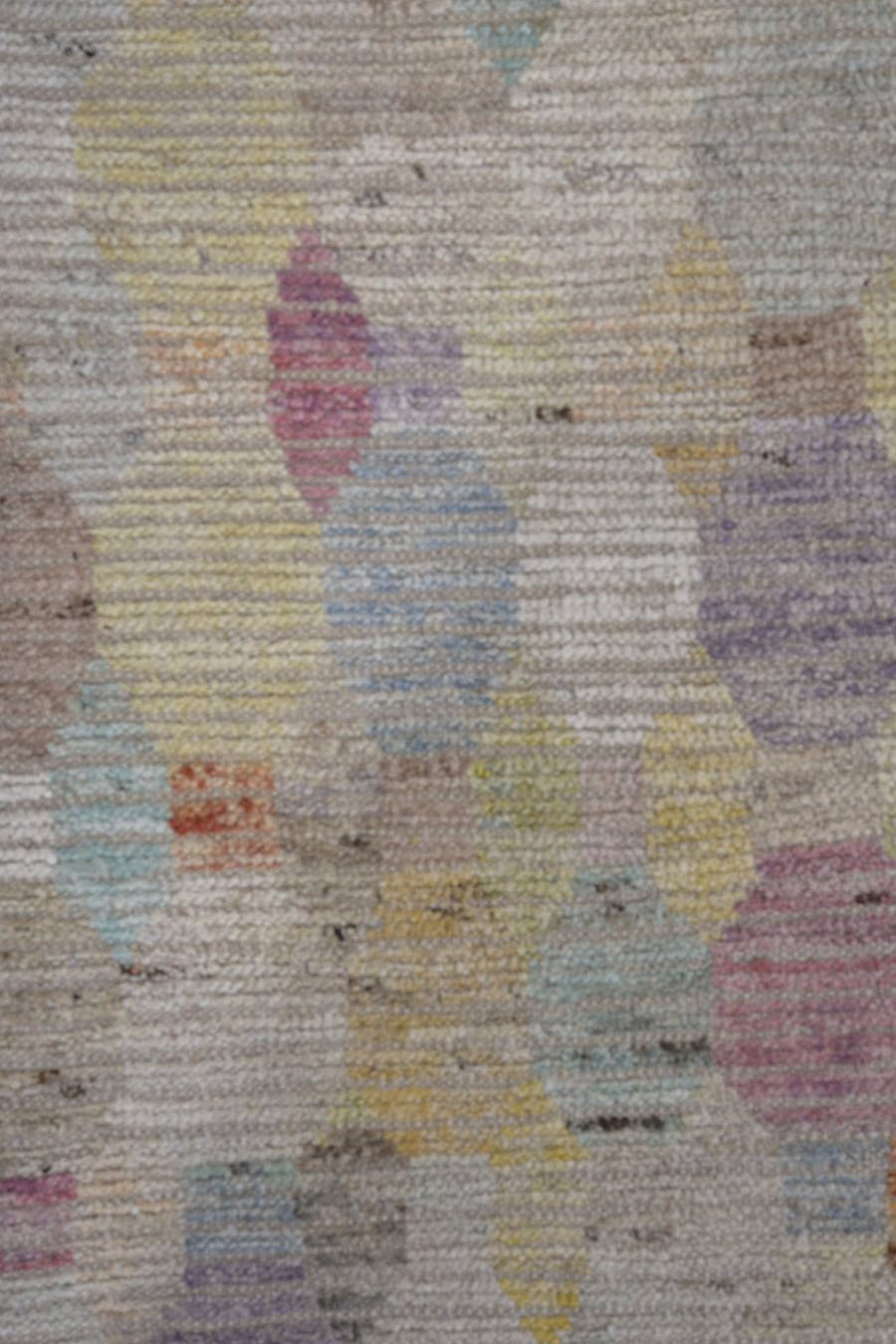 9' x 11' one-of-a-kind handmade vintage Tulu large size rug. Color palette: ivory, taupe, lavender, sky_blue, pale_yellow