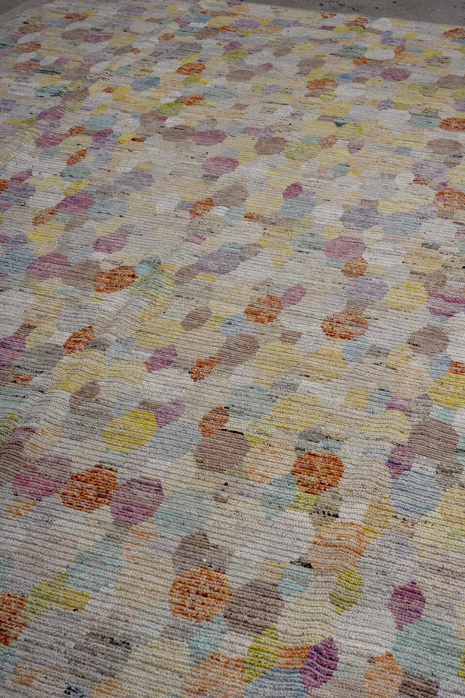 9' x 11' one-of-a-kind handmade vintage Tulu large size rug. Color palette: ivory, taupe, lavender, sky_blue, pale_yellow