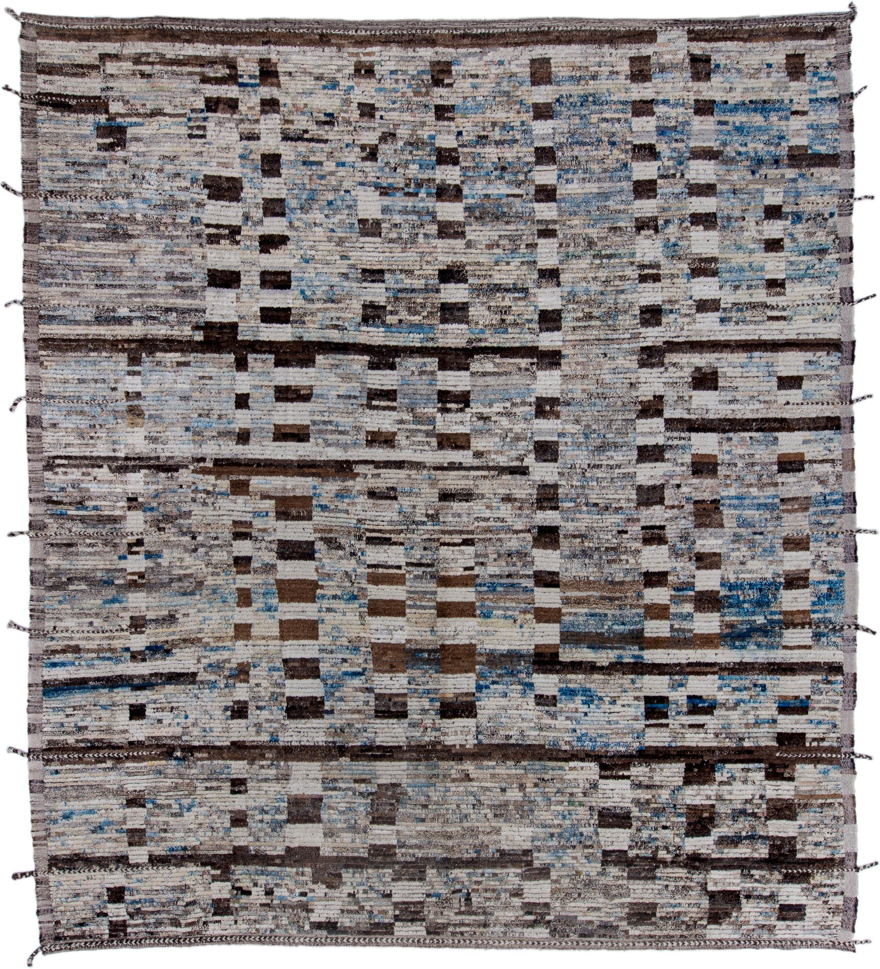 13' x 14' one-of-a-kind handmade vintage Tulu oversize rug. Color palette: ivory, gray, brown, charcoal, sky_blue, taupe