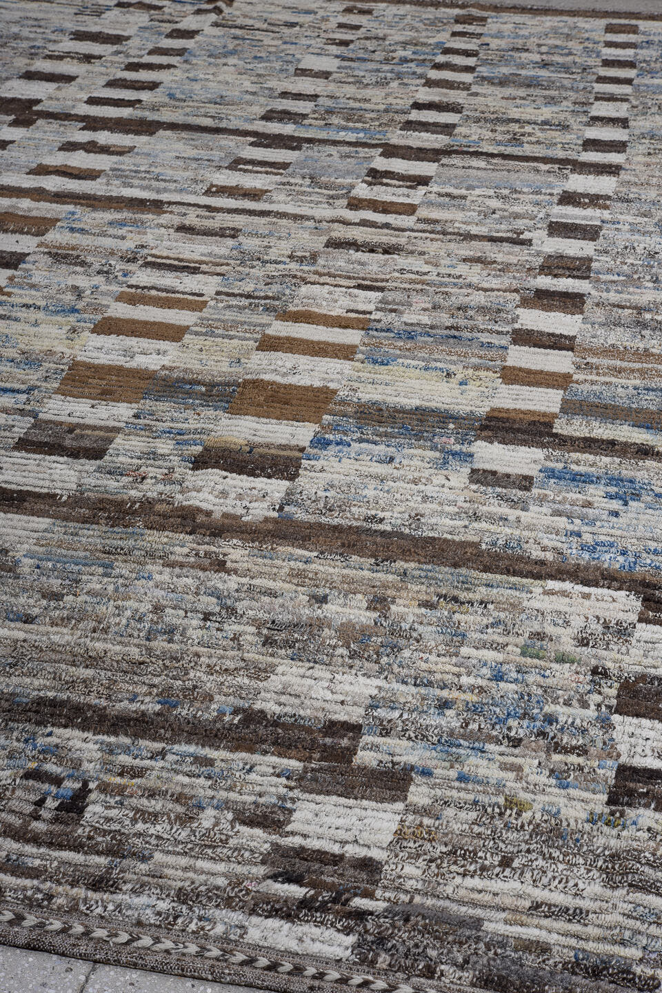 13' x 14' one-of-a-kind handmade vintage Tulu oversize rug. Color palette: ivory, gray, brown, charcoal, sky_blue, taupe