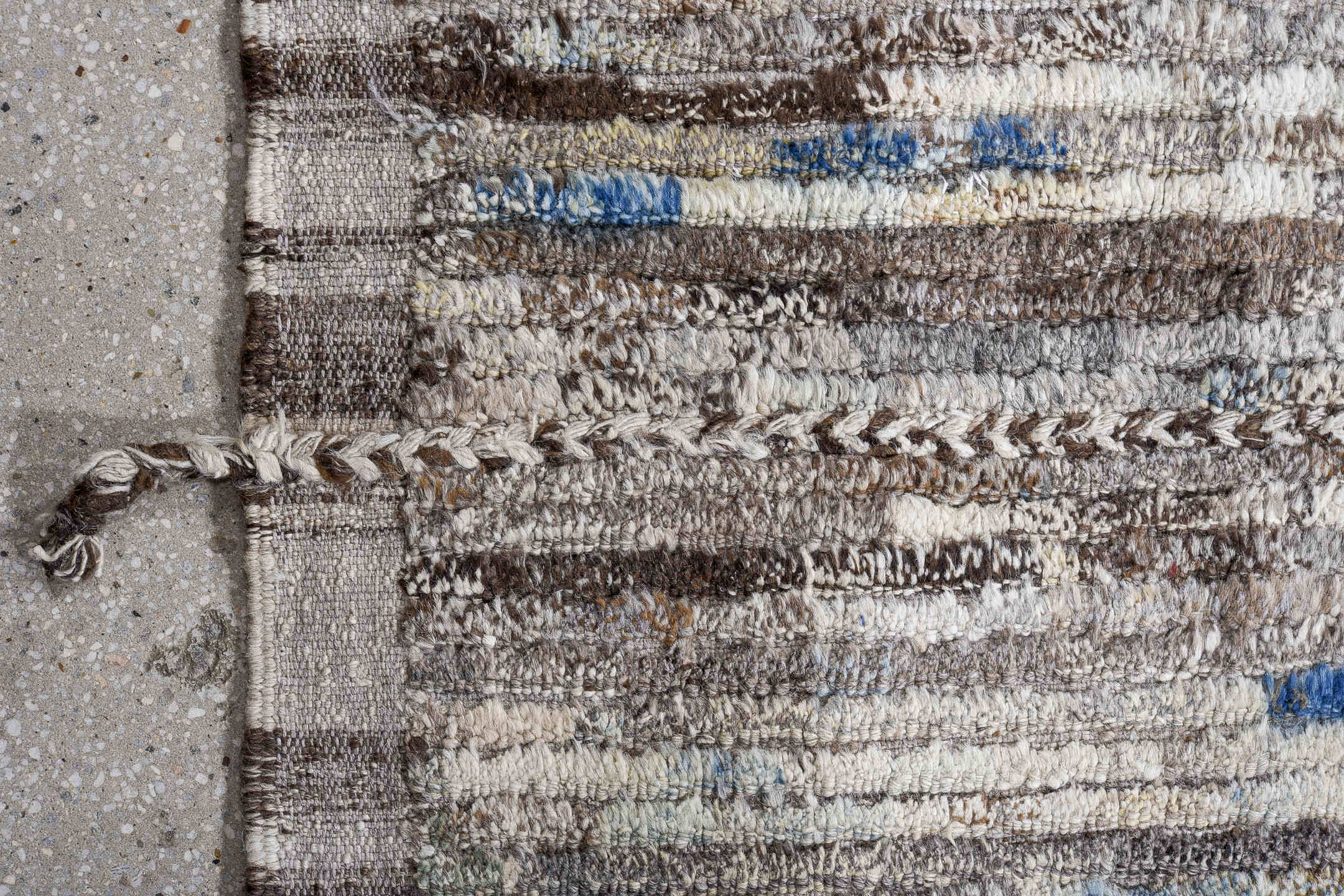 13' x 14' one-of-a-kind handmade vintage Tulu oversize rug. Color palette: ivory, gray, brown, charcoal, sky_blue, taupe