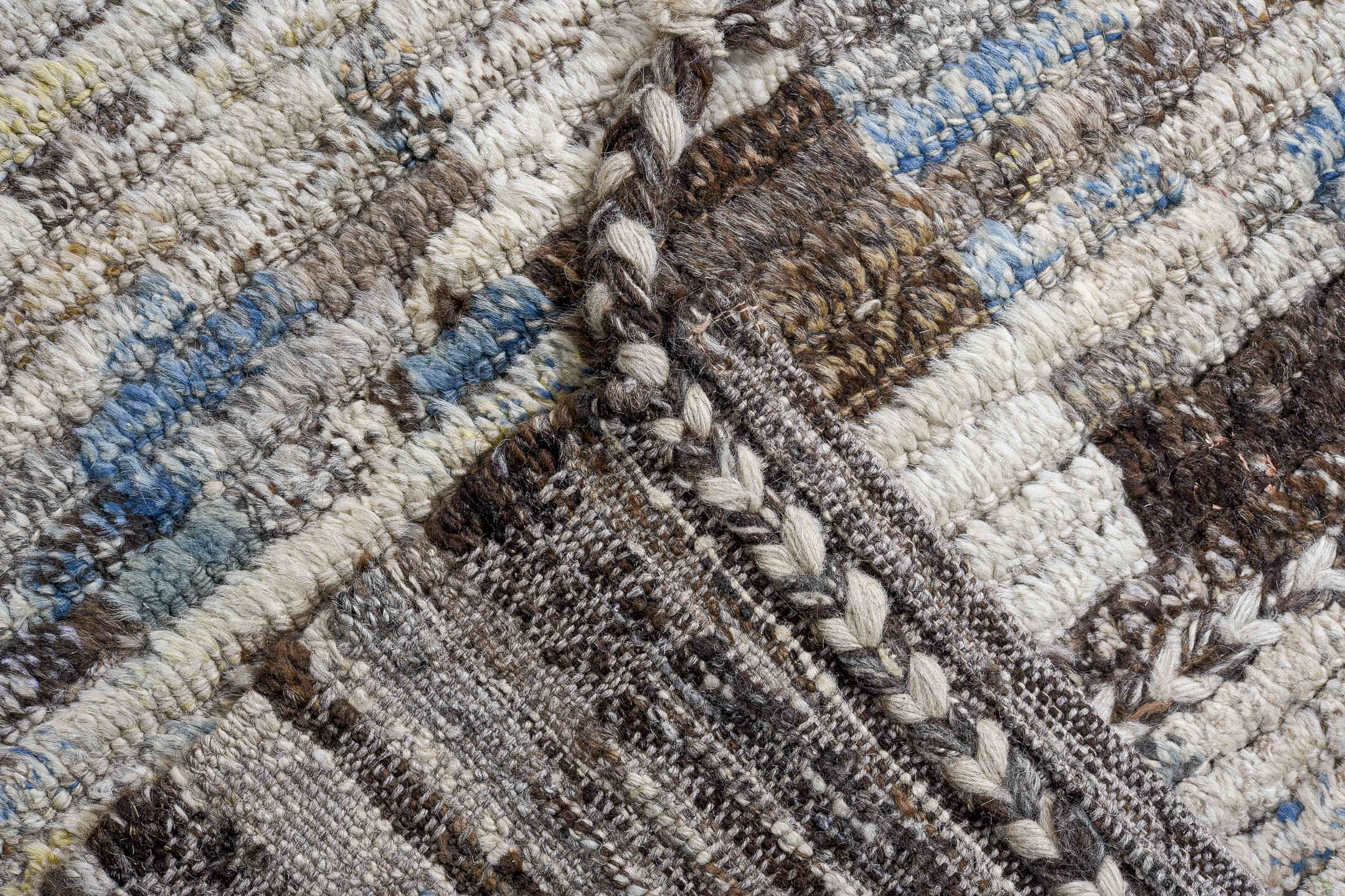 13' x 14' one-of-a-kind handmade vintage Tulu oversize rug. Color palette: ivory, gray, brown, charcoal, sky_blue, taupe