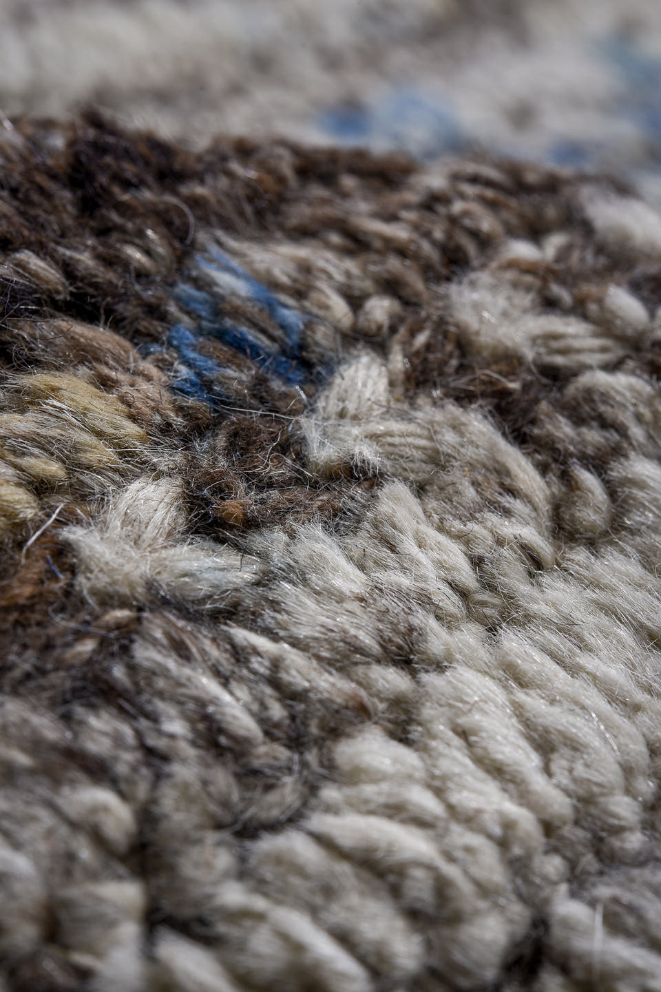 13' x 14' one-of-a-kind handmade vintage Tulu oversize rug. Color palette: ivory, gray, brown, charcoal, sky_blue, taupe