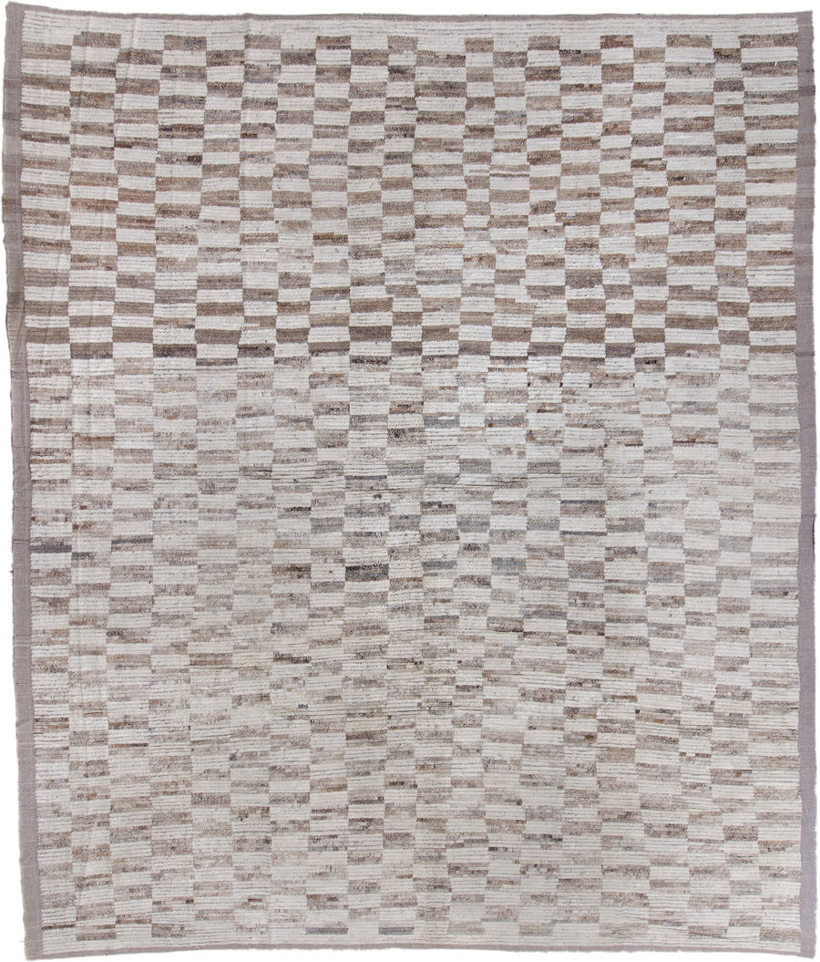 13' x 15' one-of-a-kind handmade vintage Tulu oversize rug. Color palette: ivory, taupe, gray, beige, greige