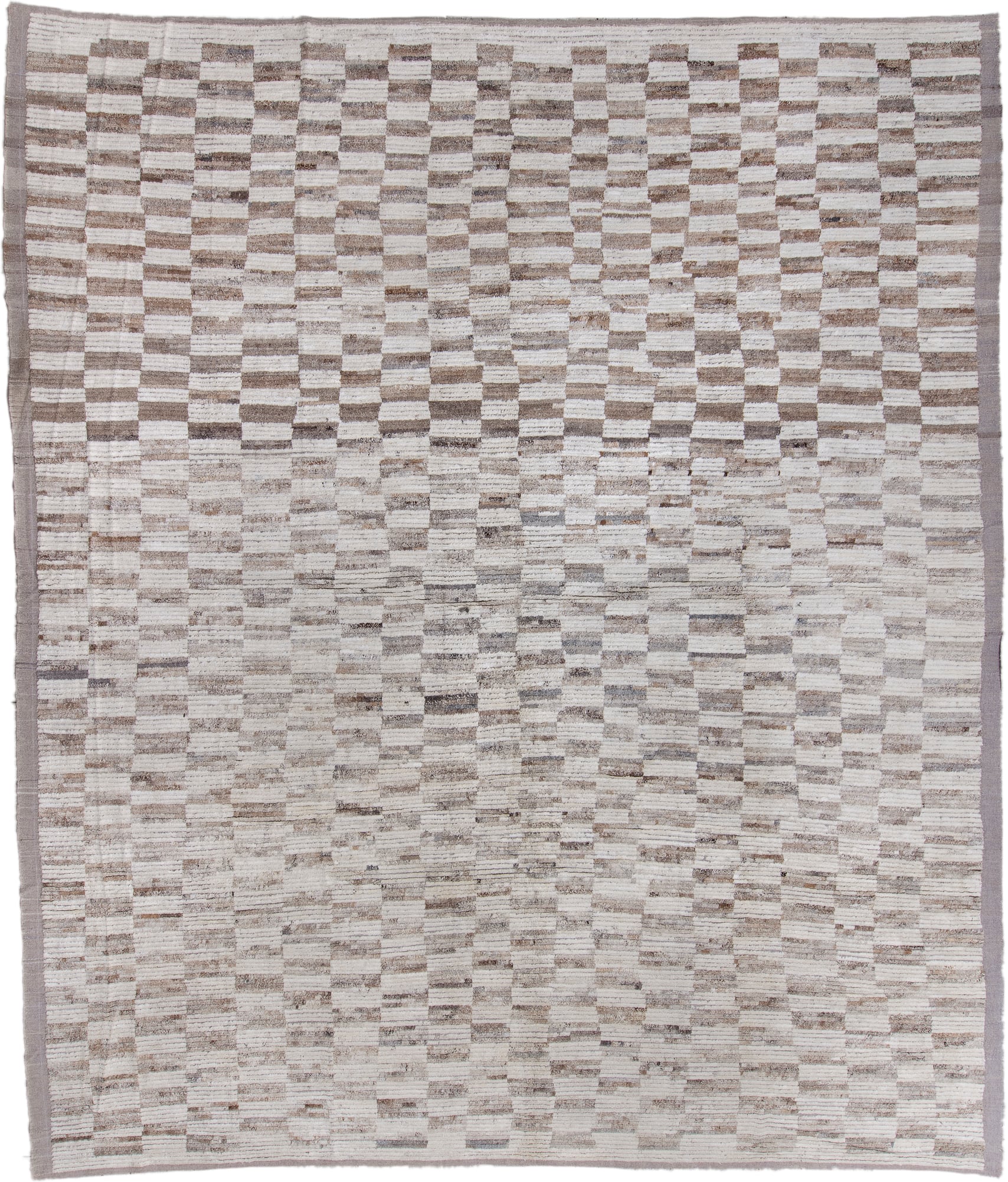 13' x 15' one-of-a-kind handmade vintage Tulu oversize rug. Color palette: ivory, taupe, gray, beige, greige