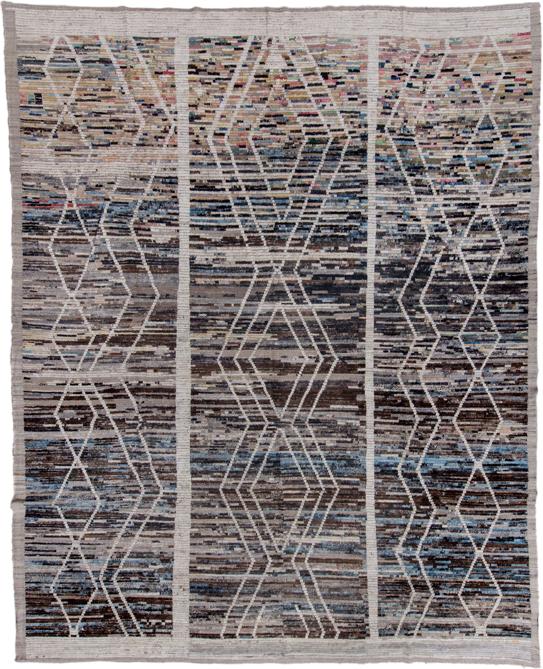 13' x 17' one-of-a-kind handmade vintage Tulu oversize rug. Color palette: taupe, ivory, charcoal, brown, slate, sky blue