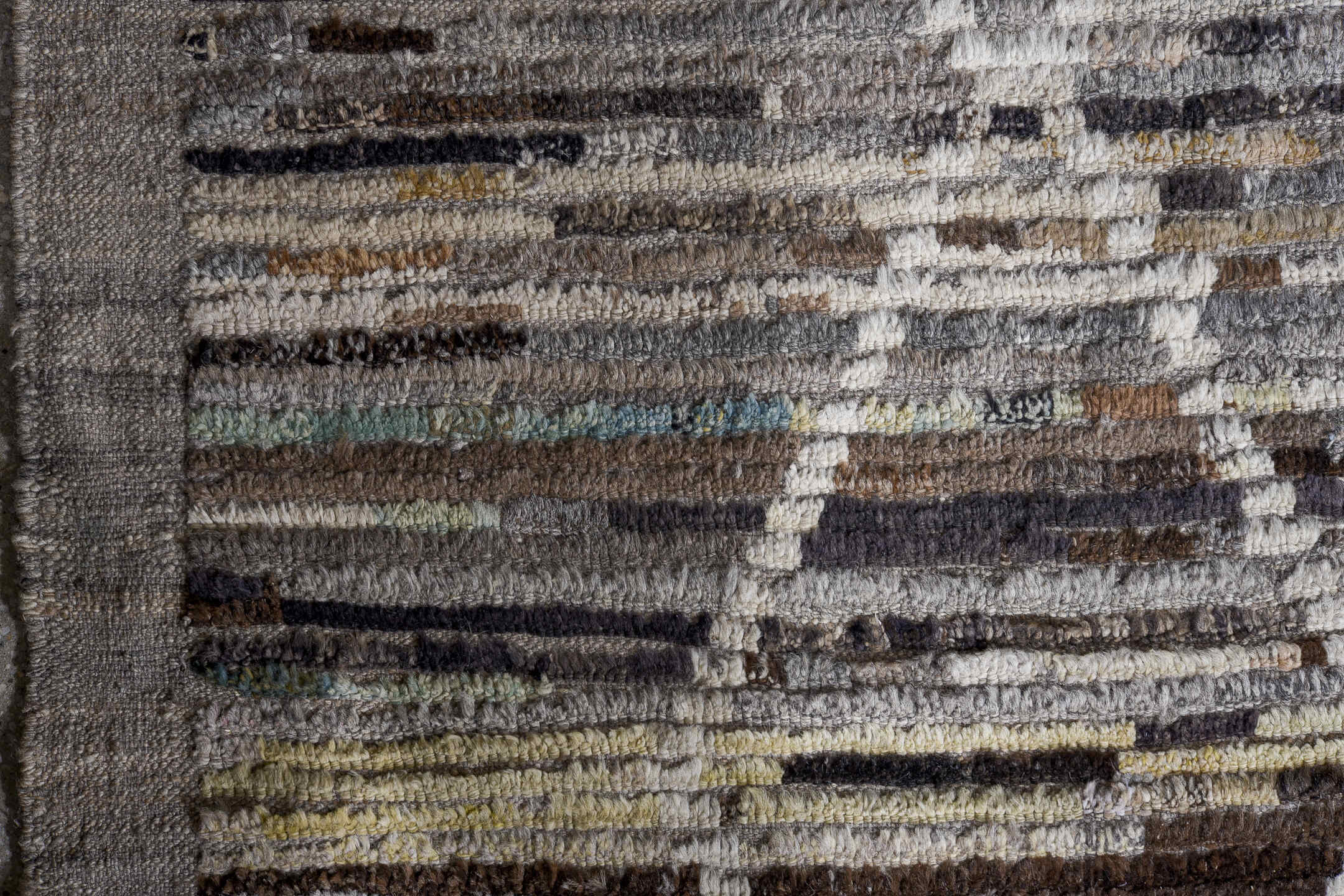 13' x 17' one-of-a-kind handmade vintage Tulu oversize rug. Color palette: taupe, ivory, charcoal, brown, slate, sky blue