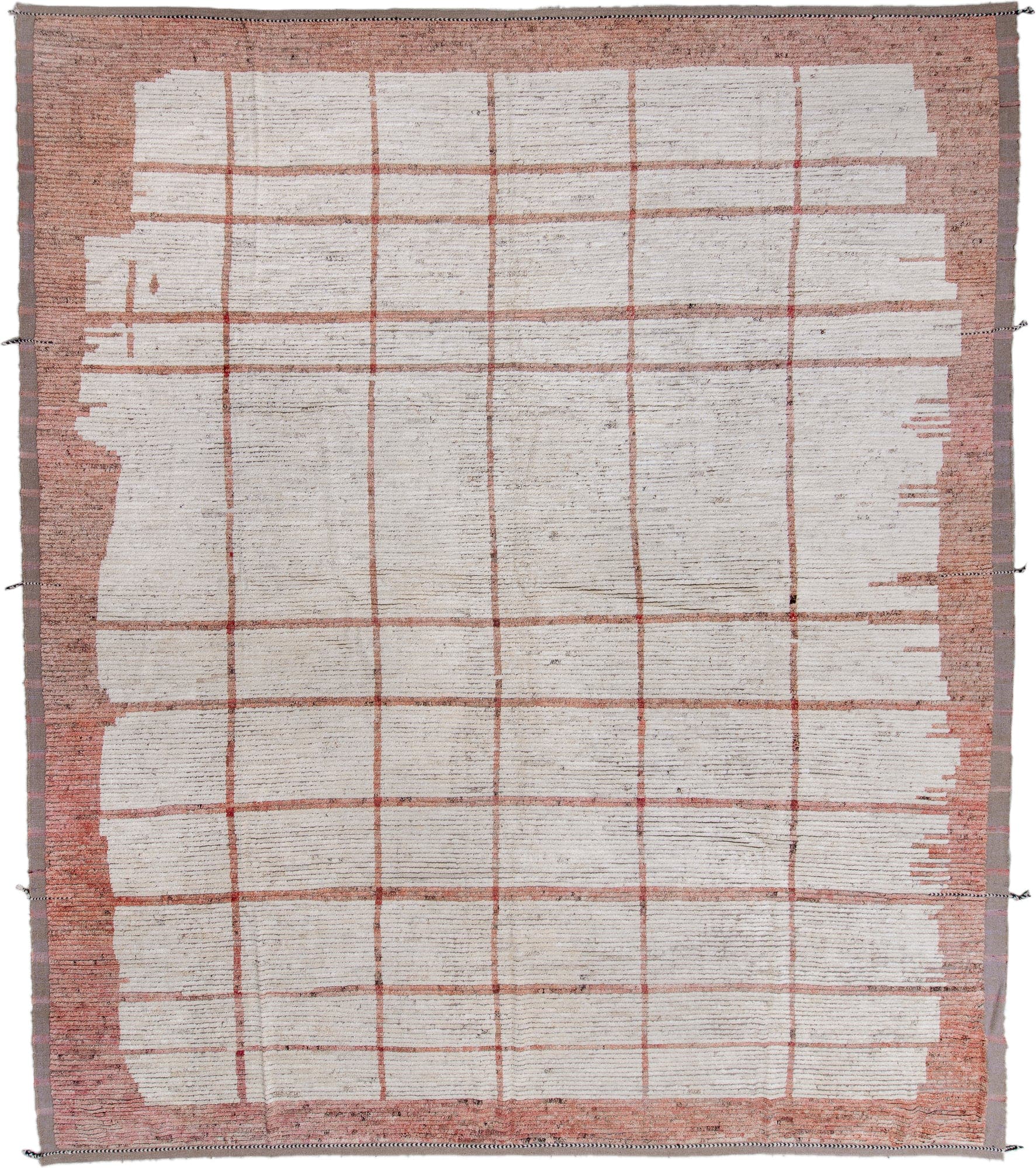 14' x 16' one-of-a-kind handmade vintage Tulu oversize rug. Color palette: ivory, blush, taupe, rose, gray, camel, pink