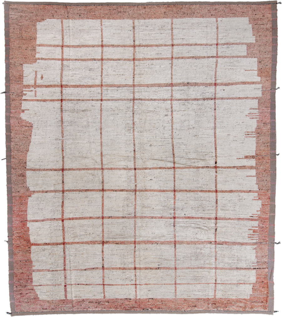 14' x 16' one-of-a-kind handmade vintage Tulu oversize rug. Color palette: ivory, blush, taupe, rose, gray, camel, pink