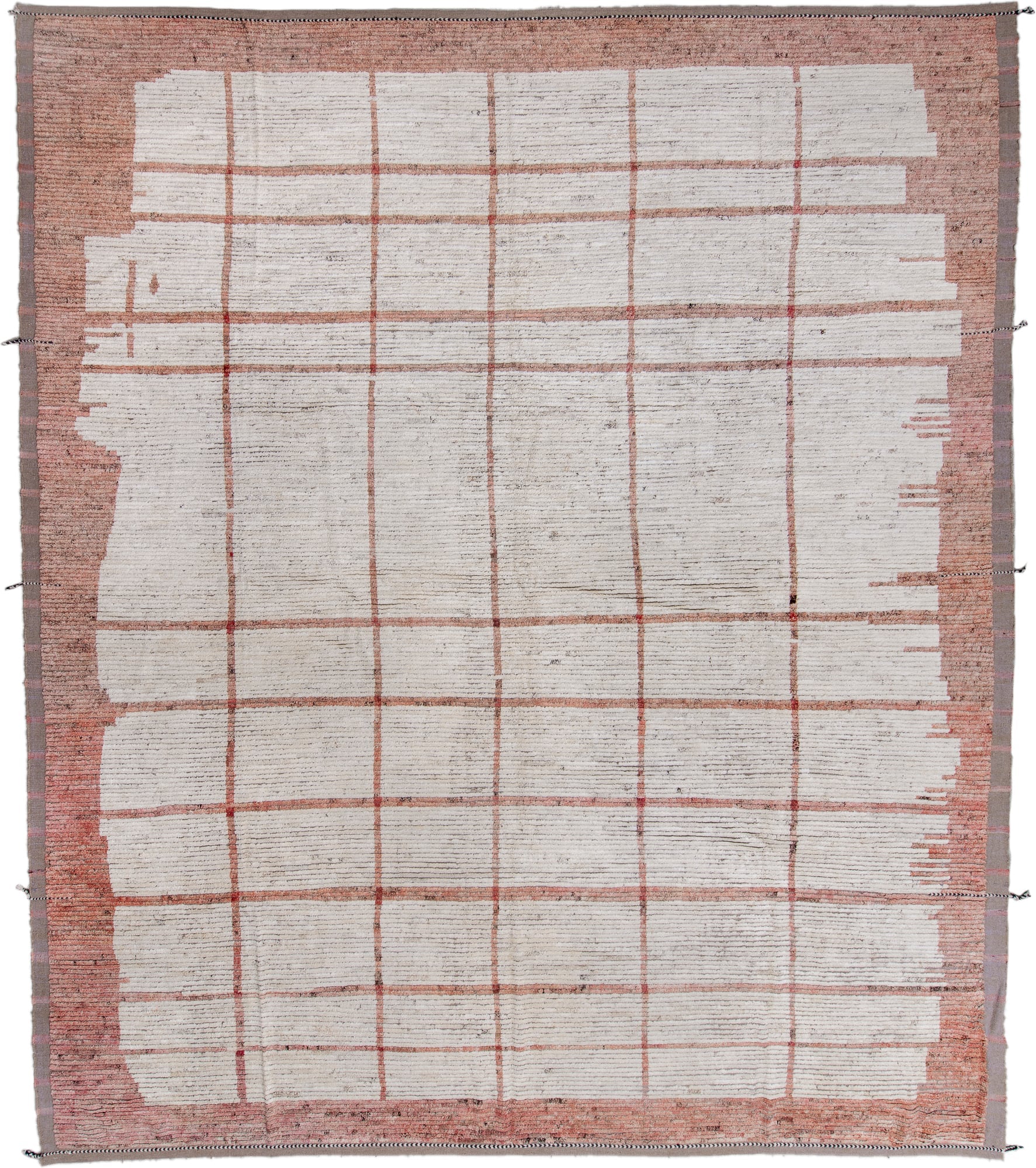 14' x 16' one-of-a-kind handmade vintage Tulu oversize rug. Color palette: ivory, blush, taupe, rose, gray, camel, pink