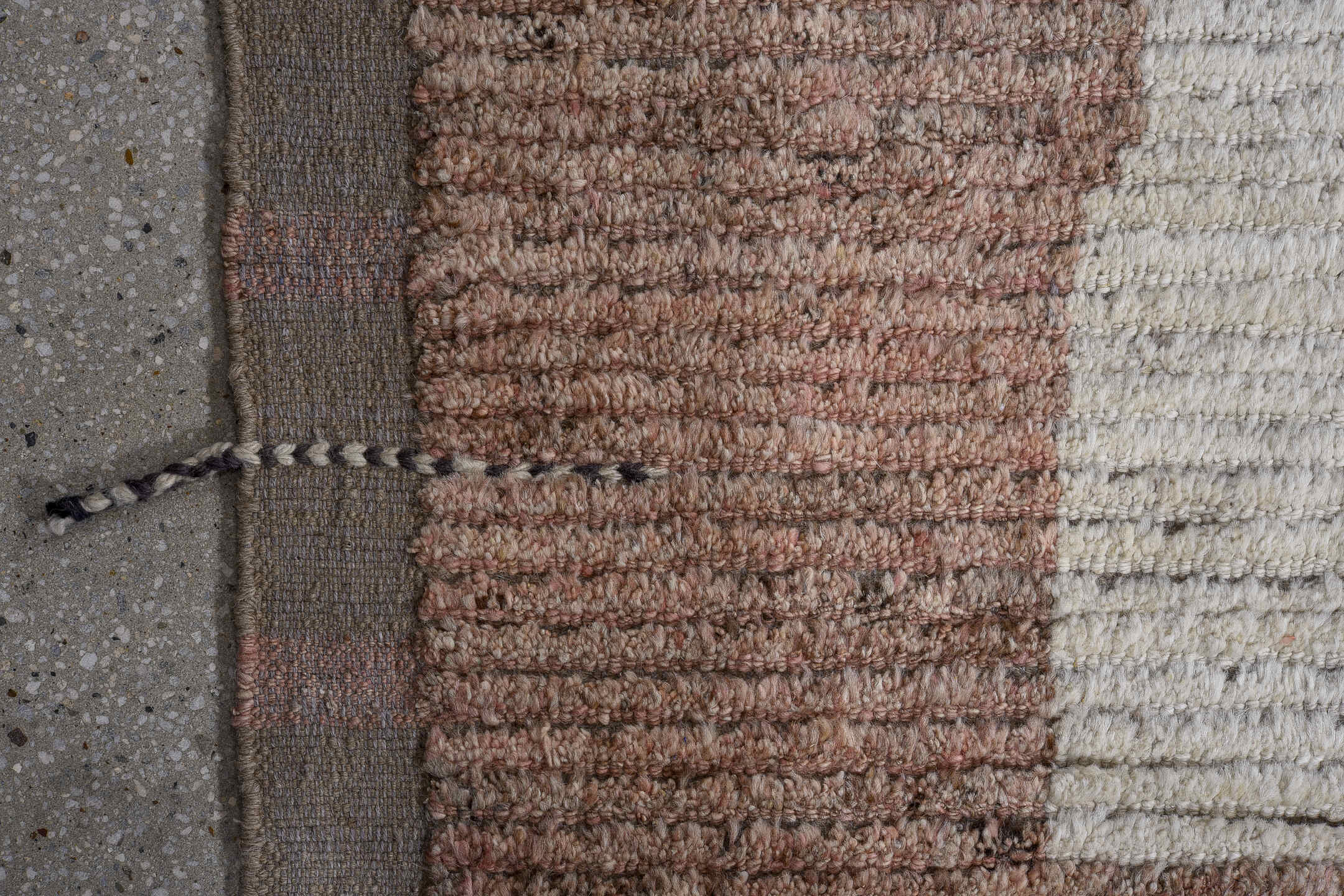 14' x 16' one-of-a-kind handmade vintage Tulu oversize rug. Color palette: ivory, blush, taupe, rose, gray, camel, pink