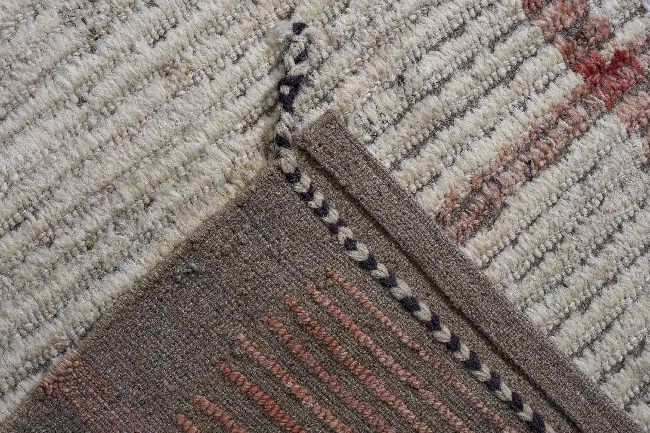 14' x 16' one-of-a-kind handmade vintage Tulu oversize rug. Color palette: ivory, blush, taupe, rose, gray, camel, pink
