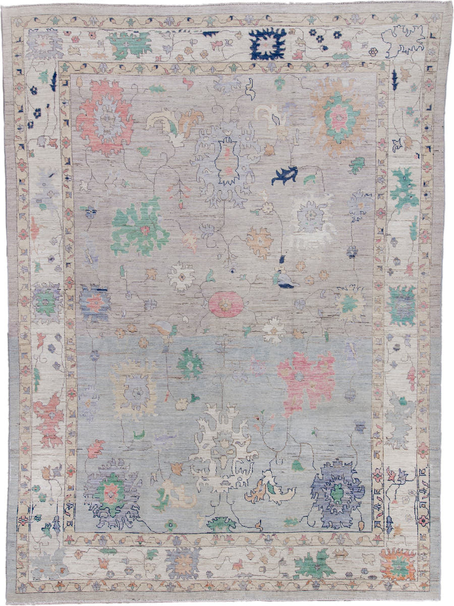 11' x 16' one-of-a-kind handmade vintage Oushak oversize rug. Color palette: gray, ivory, mint, blush, lavender, navy, taupe
