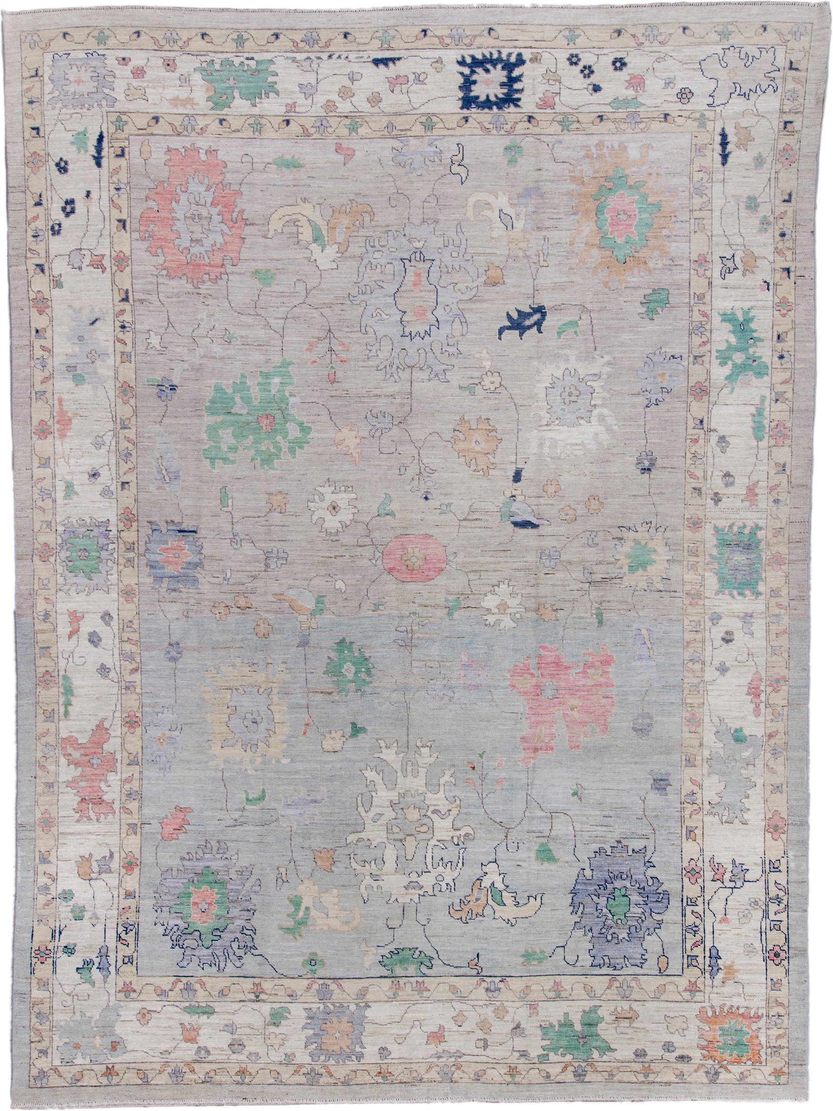11' x 16' one-of-a-kind handmade vintage Oushak oversize rug. Color palette: gray, ivory, mint, blush, lavender, navy, taupe