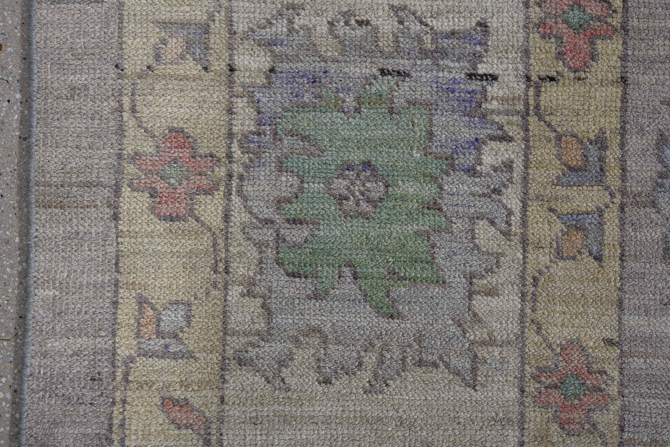 11' x 16' one-of-a-kind handmade vintage Oushak oversize rug. Color palette: gray, ivory, mint, blush, lavender, navy, taupe