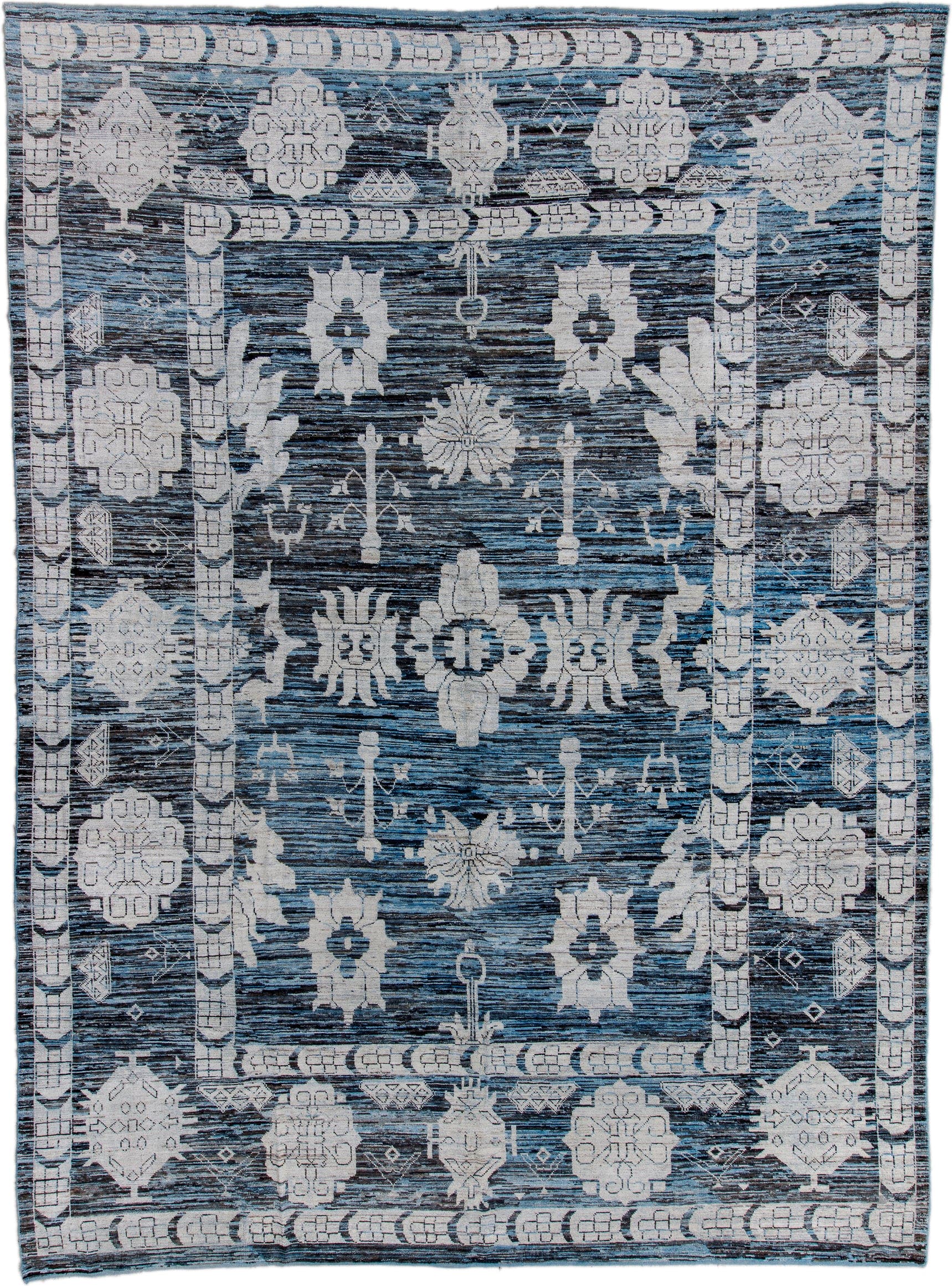 13' x 17' one-of-a-kind handmade vintage Oushak oversize rug. Color palette: slate, ivory, blue, charcoal, steel_blue, gray