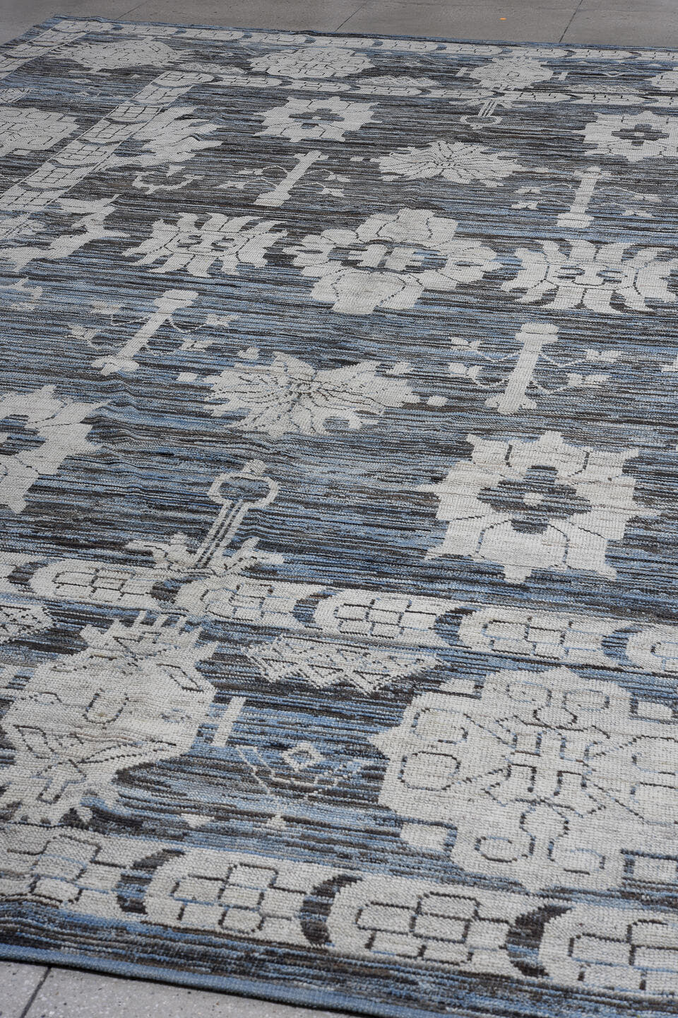 13' x 17' one-of-a-kind handmade vintage Oushak oversize rug. Color palette: slate, ivory, blue, charcoal, steel_blue, gray