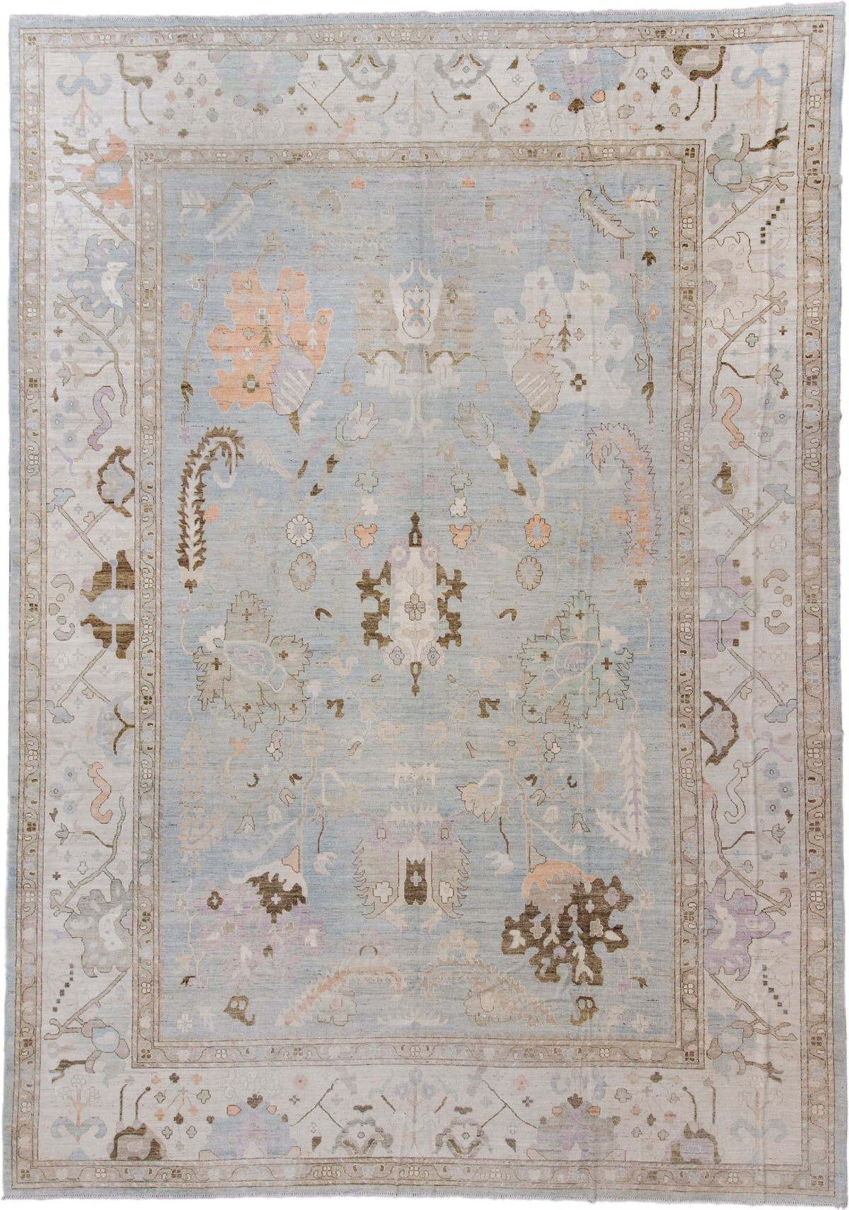 13' x 19' one-of-a-kind handmade vintage Oushak oversize rug. Color palette: pale blue, ivory, taupe, lavender, blush, sage