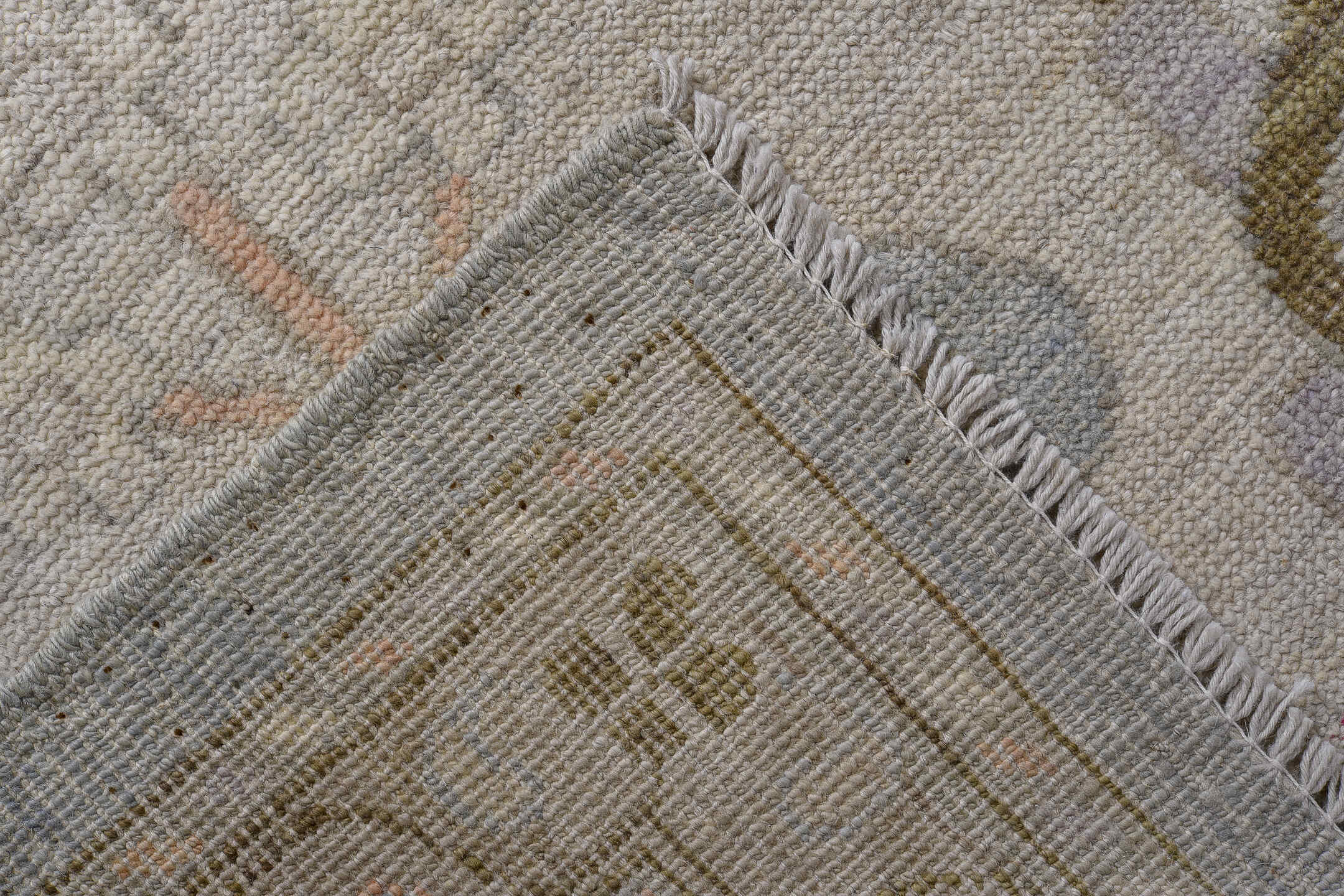 13' x 19' one-of-a-kind handmade vintage Oushak oversize rug. Color palette: pale blue, ivory, taupe, lavender, blush, sage