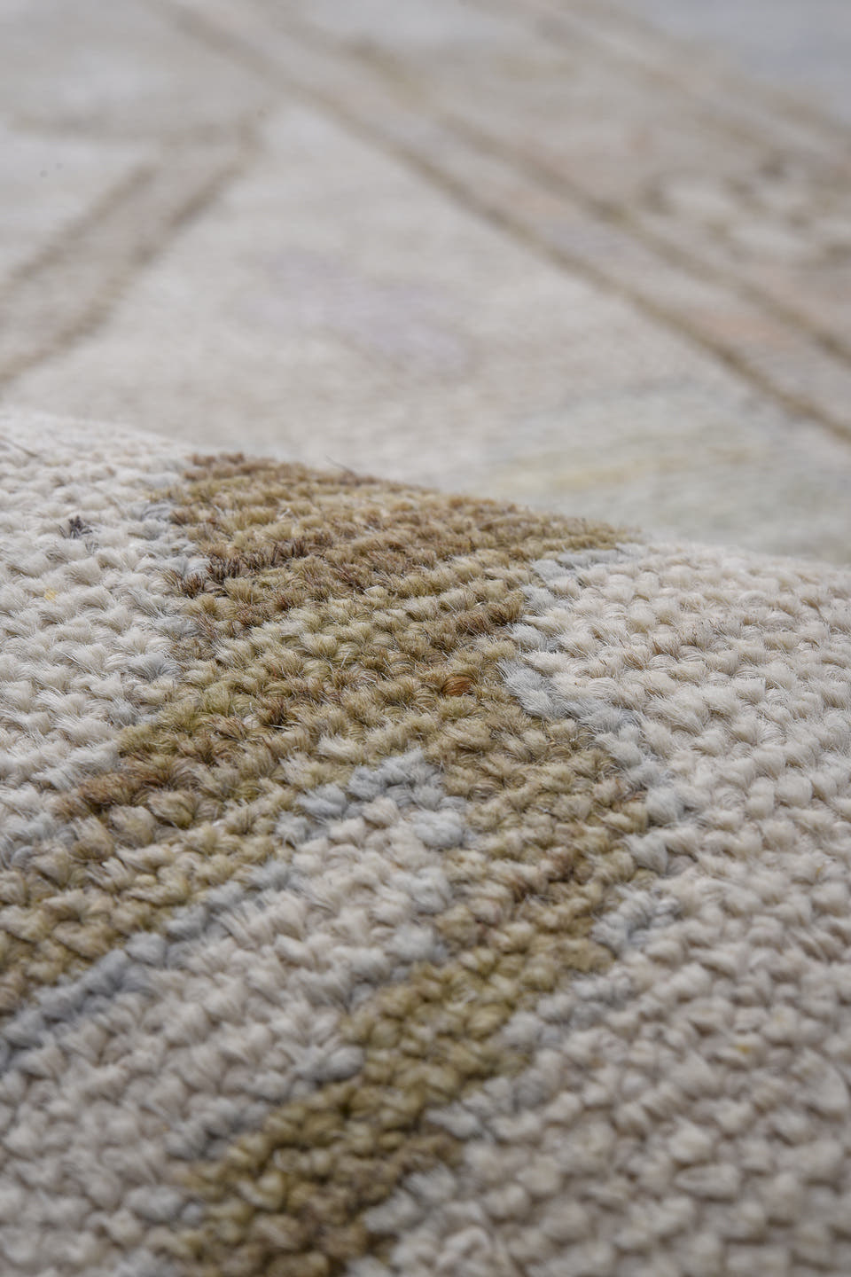 13' x 19' one-of-a-kind handmade vintage Oushak oversize rug. Color palette: pale blue, ivory, taupe, lavender, blush, sage