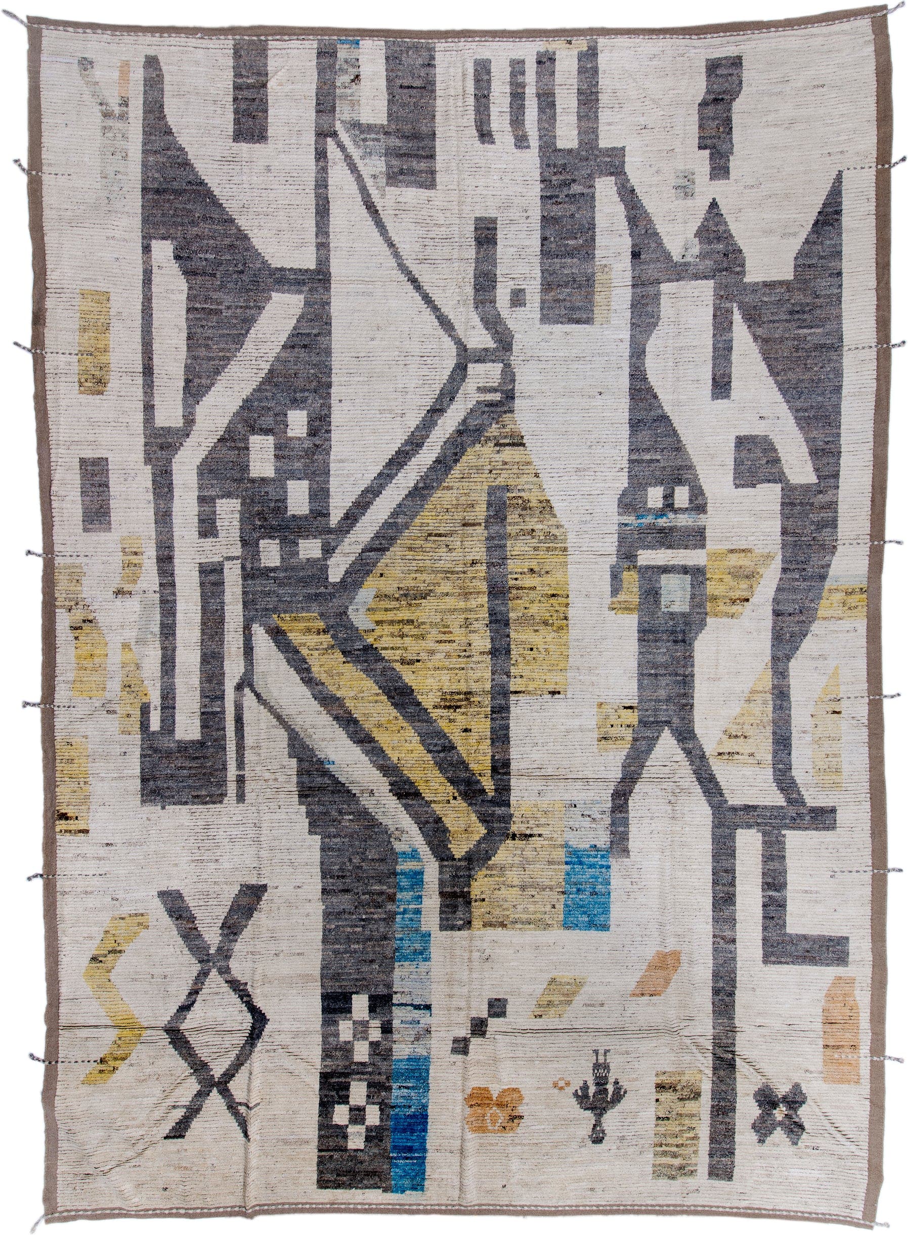 13' x 19' one-of-a-kind handmade vintage Tulu oversize rug. Color palette: ivory, charcoal, gold, blue, taupe, camel, gray