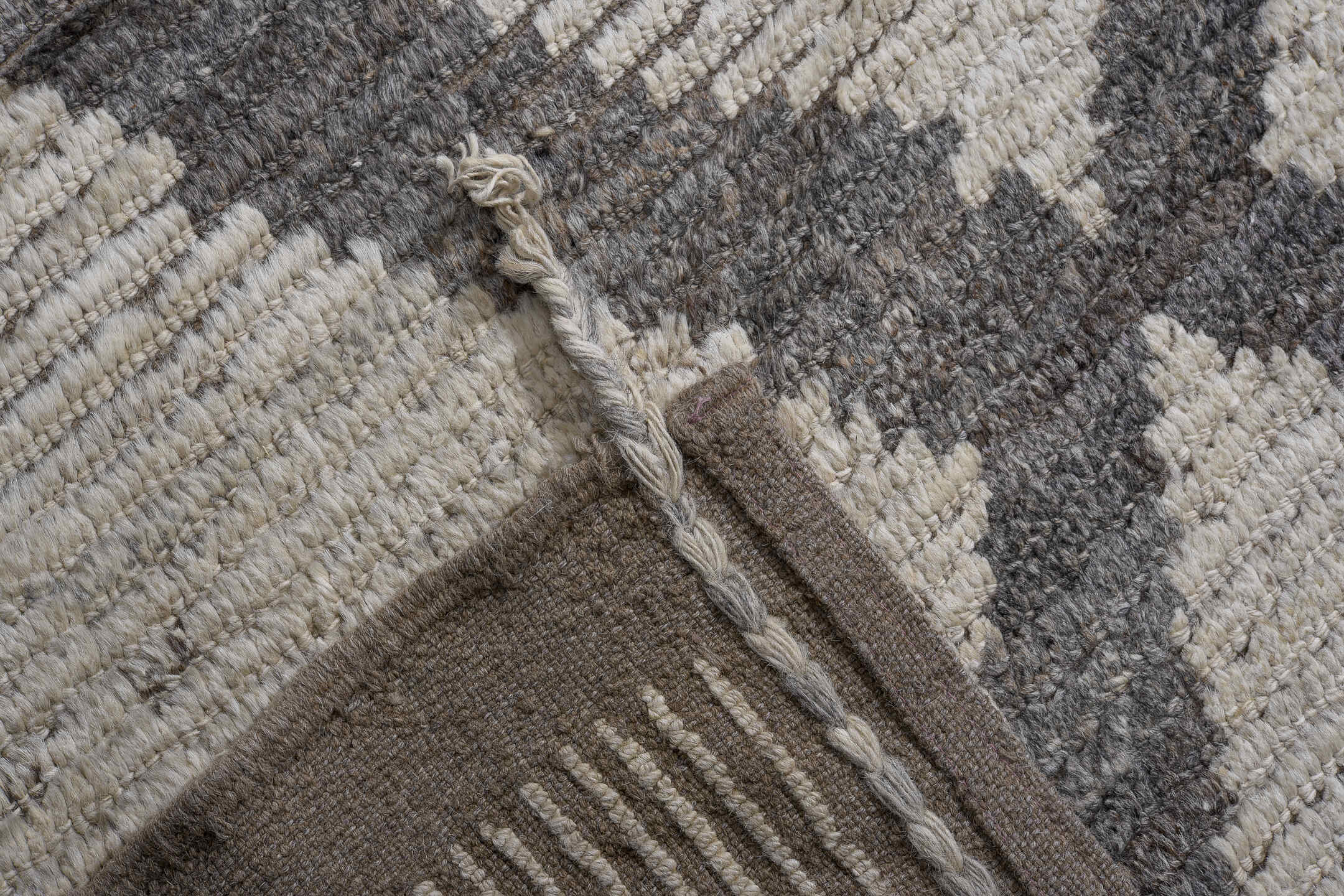 13' x 19' one-of-a-kind handmade vintage Tulu oversize rug. Color palette: ivory, charcoal, gold, blue, taupe, camel, gray