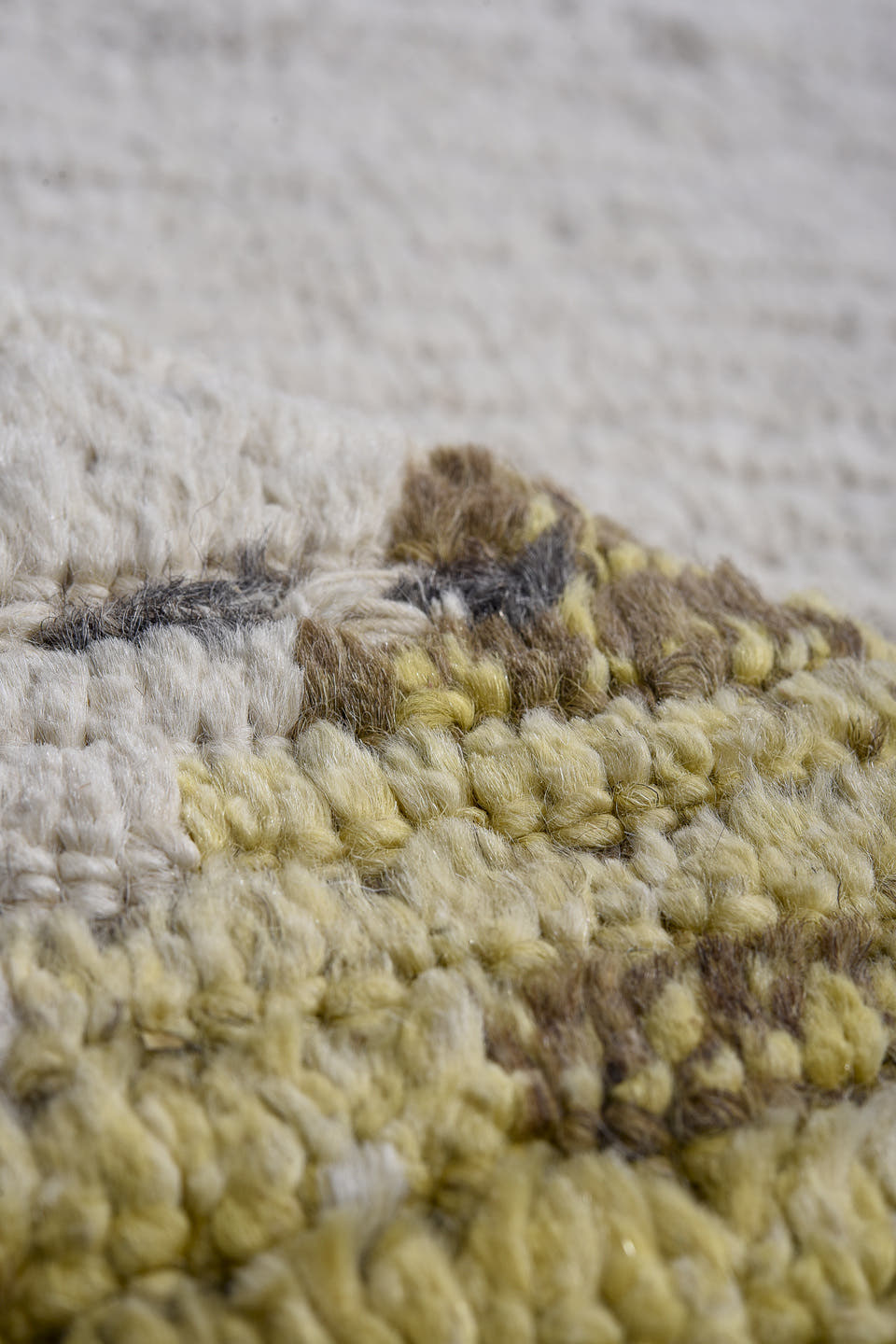 13' x 19' one-of-a-kind handmade vintage Tulu oversize rug. Color palette: ivory, charcoal, gold, blue, taupe, camel, gray