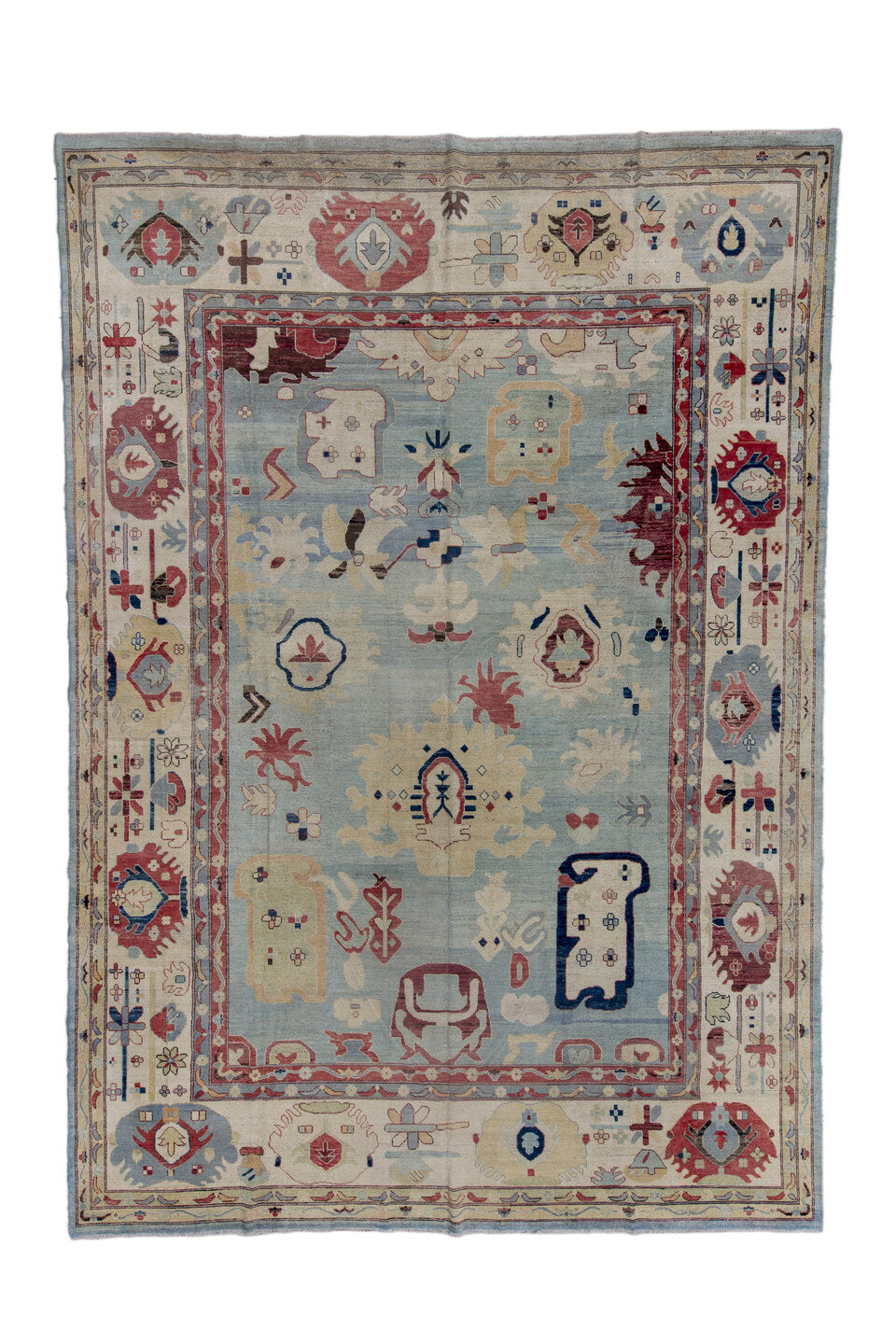 11' x 16' one-of-a-kind handmade vintage Oushak oversize rug. Color palette: blue, brown, gray, pink, red