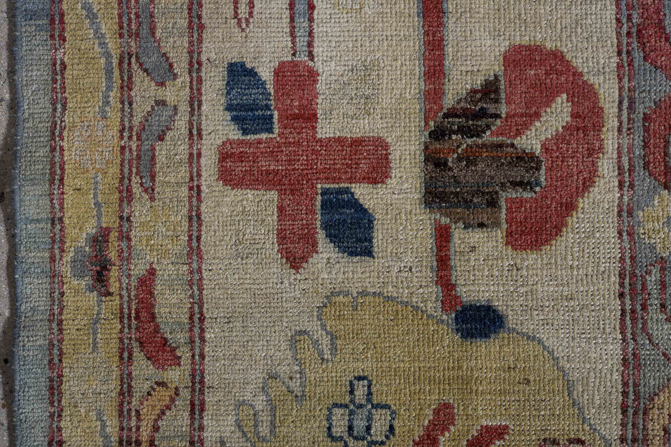 11' x 16' one-of-a-kind handmade vintage Oushak oversize rug. Color palette: blue, brown, gray, pink, red