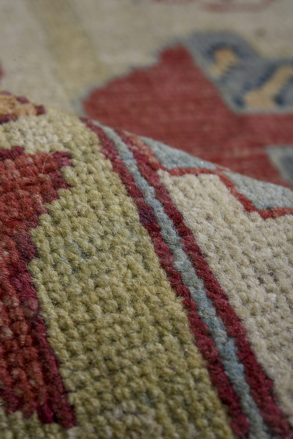 11' x 16' one-of-a-kind handmade vintage Oushak oversize rug. Color palette: blue, brown, gray, pink, red