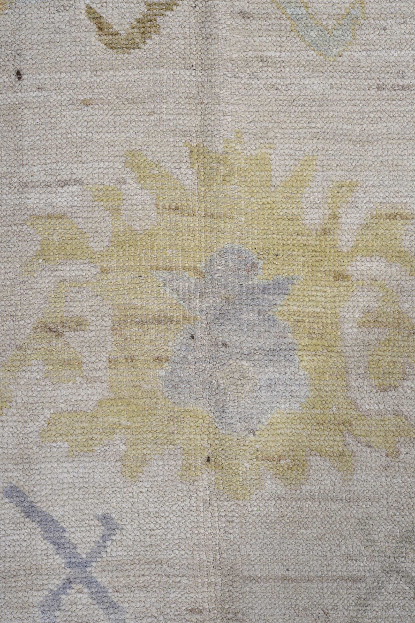 11' x 14' one-of-a-kind handmade vintage Oushak oversize rug. Color palette: ivory, taupe, olive, pale blue, gold, cream