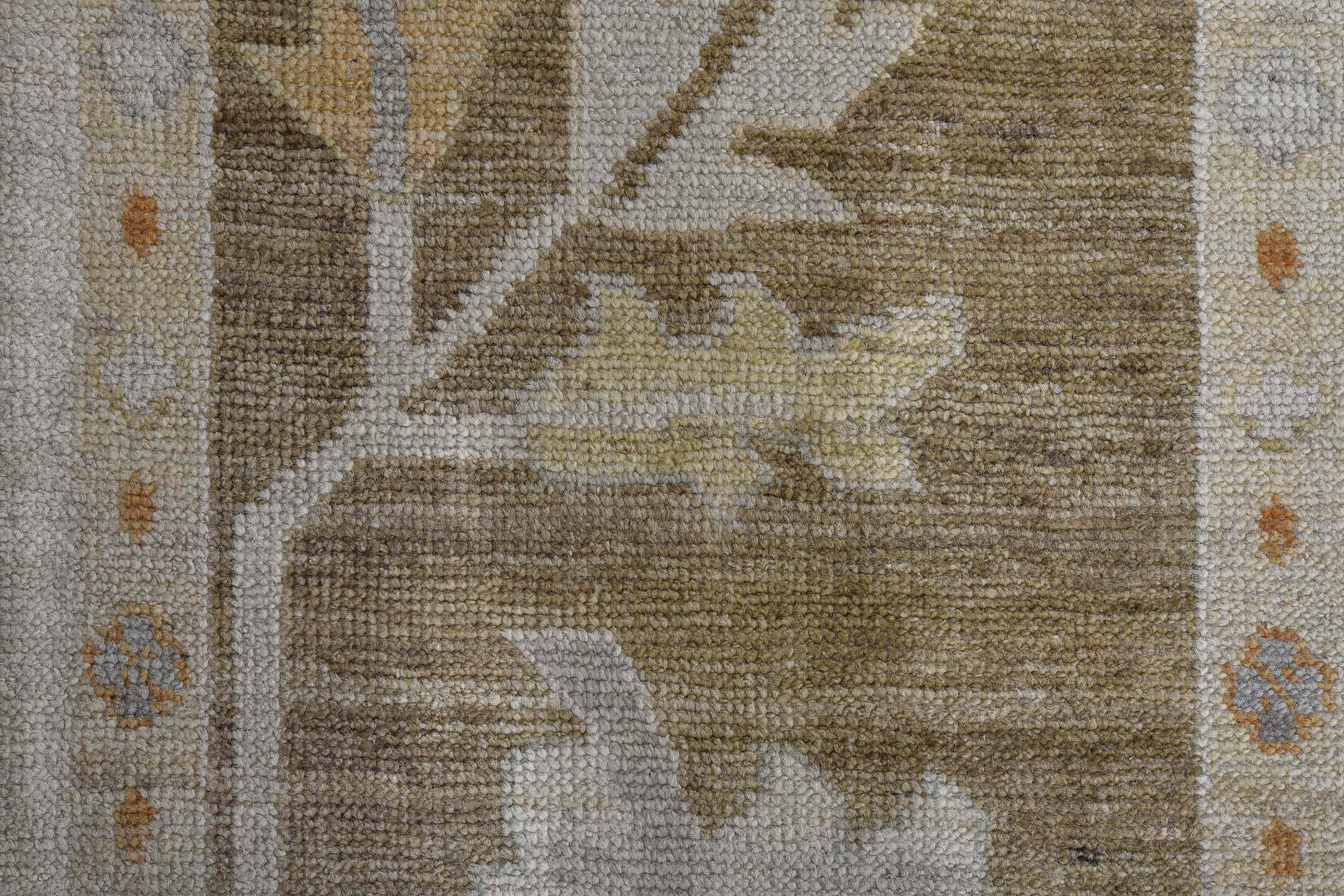 11' x 14' one-of-a-kind handmade vintage Oushak oversize rug. Color palette: ivory, taupe, olive, pale blue, gold, cream