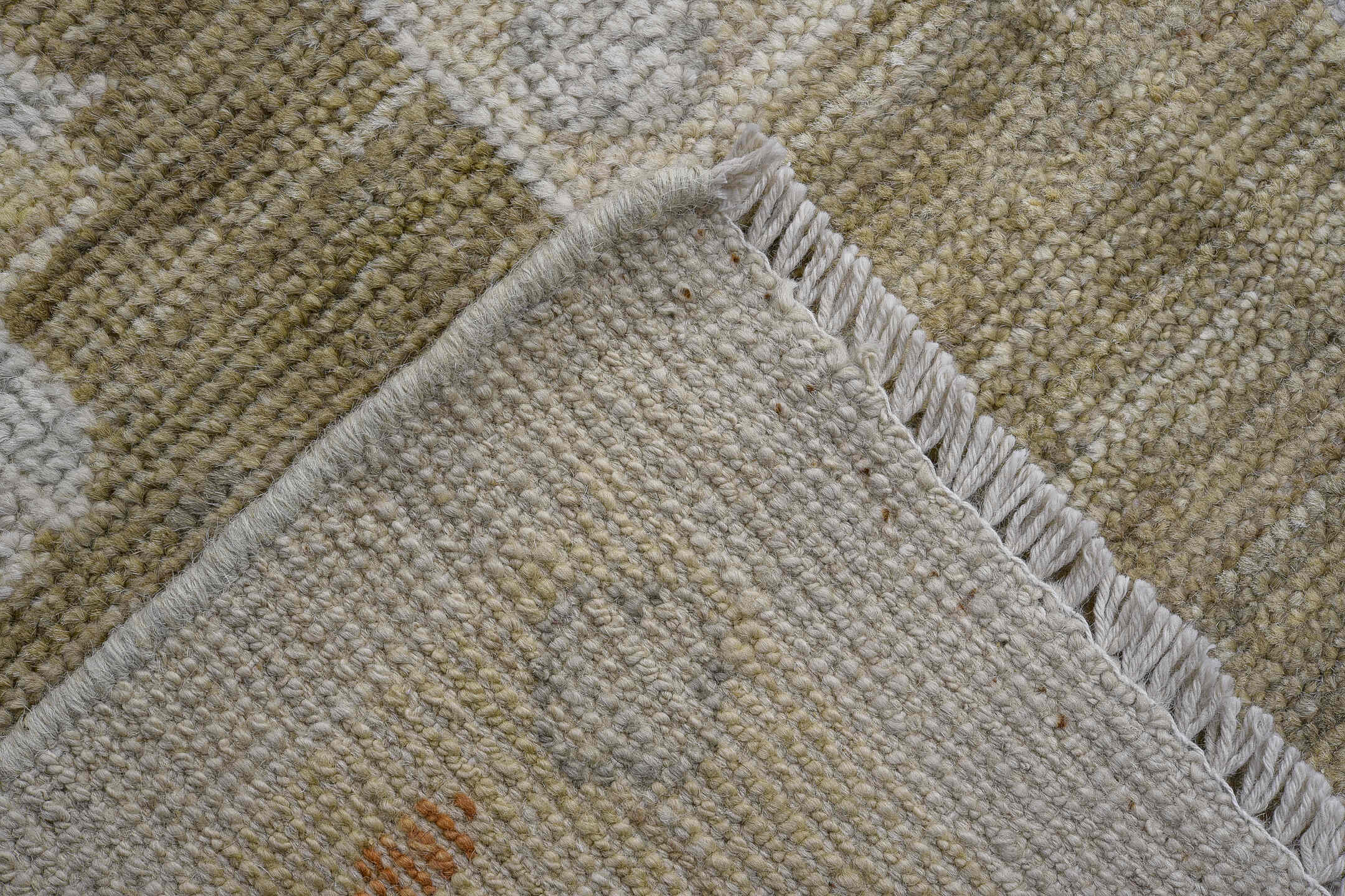 11' x 14' one-of-a-kind handmade vintage Oushak oversize rug. Color palette: ivory, taupe, olive, pale blue, gold, cream