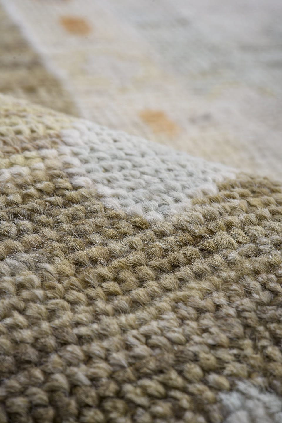 11' x 14' one-of-a-kind handmade vintage Oushak oversize rug. Color palette: ivory, taupe, olive, pale blue, gold, cream