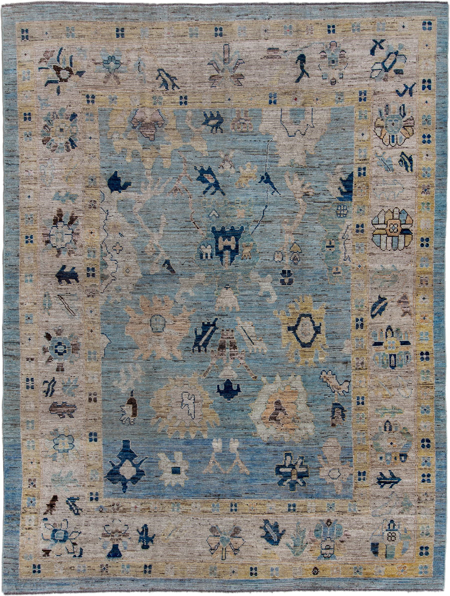 10' x 13' one-of-a-kind handmade vintage Oushak large size rug. Color palette: pale blue, ivory, sand, navy, taupe, beige