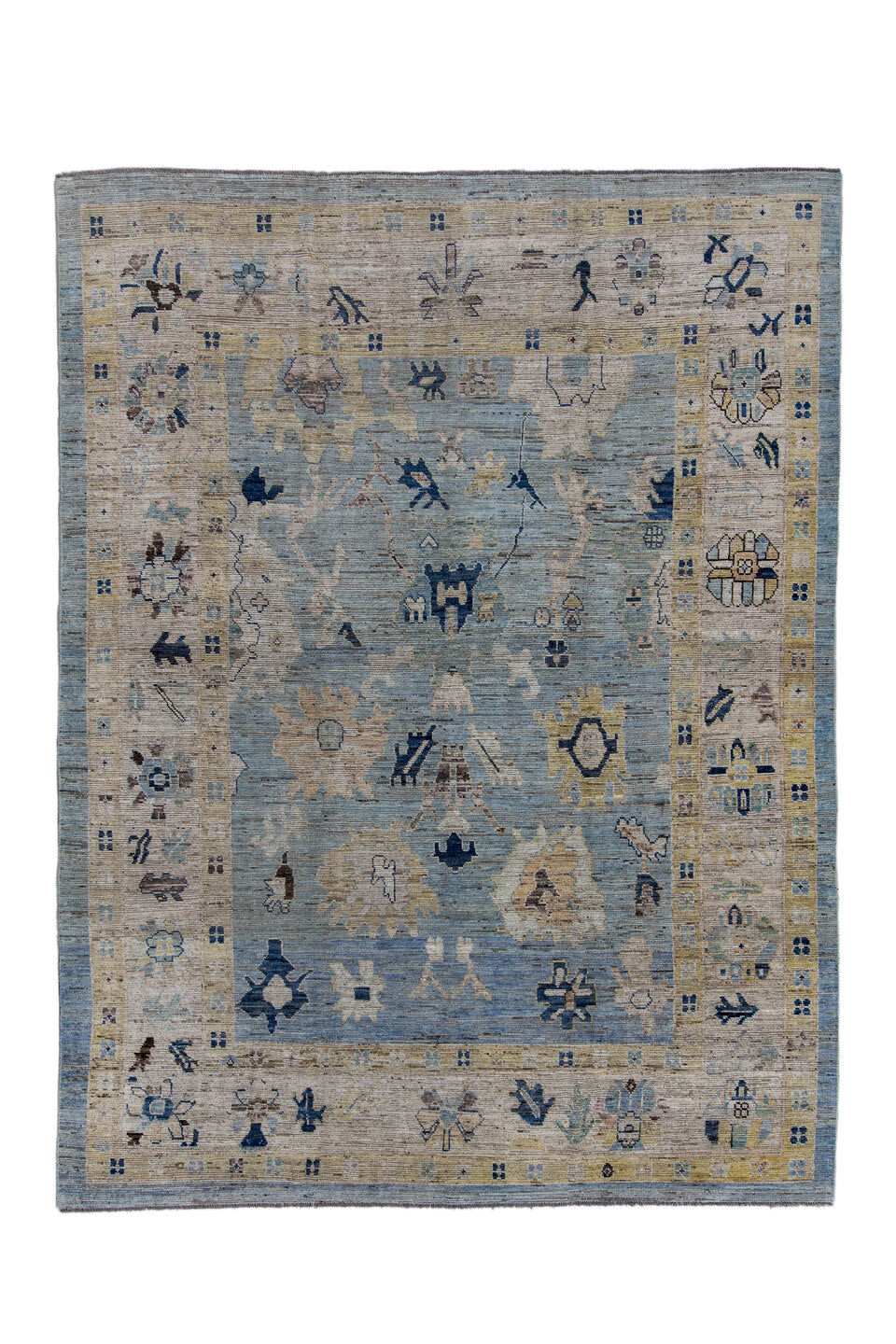 10' x 13' one-of-a-kind handmade vintage Oushak large size rug. Color palette: black, blue, brown, dark gray, dim gray