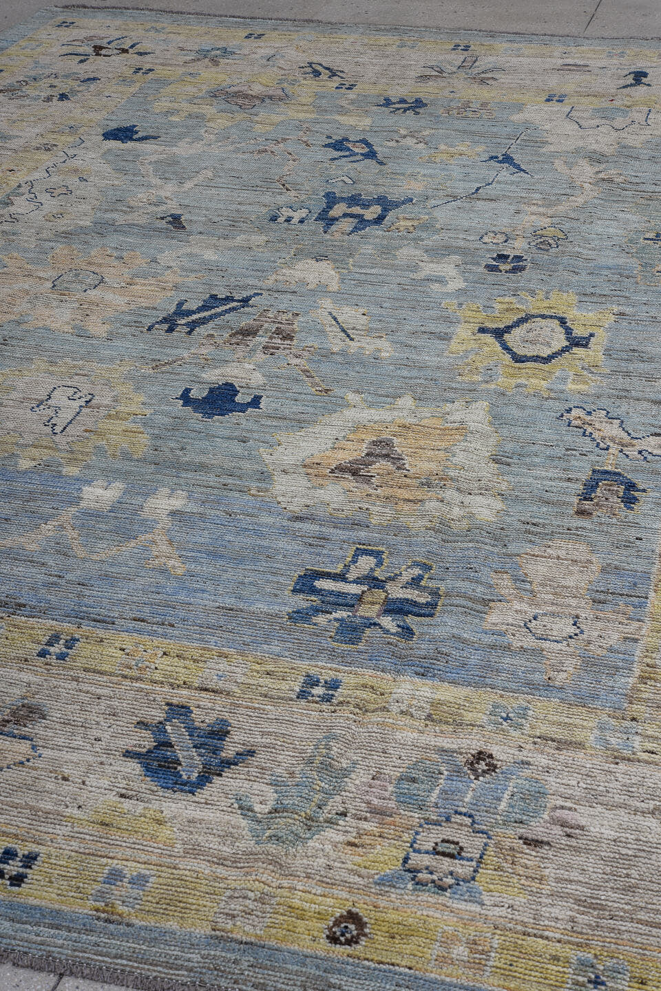 10' x 13' one-of-a-kind handmade vintage Oushak large size rug. Color palette: pale blue, ivory, sand, navy, taupe, beige