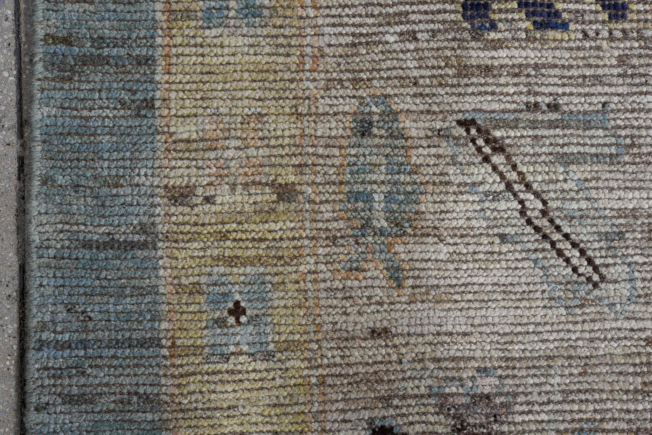 10' x 13' one-of-a-kind handmade vintage Oushak large size rug. Color palette: pale blue, ivory, sand, navy, taupe, beige