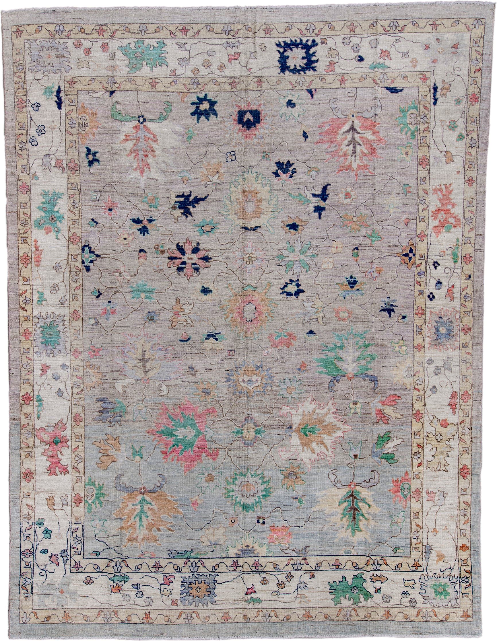 11' x 15' one-of-a-kind handmade vintage Oushak oversize rug. Color palette: ivory, taupe, sage, aqua, blush, navy, gold