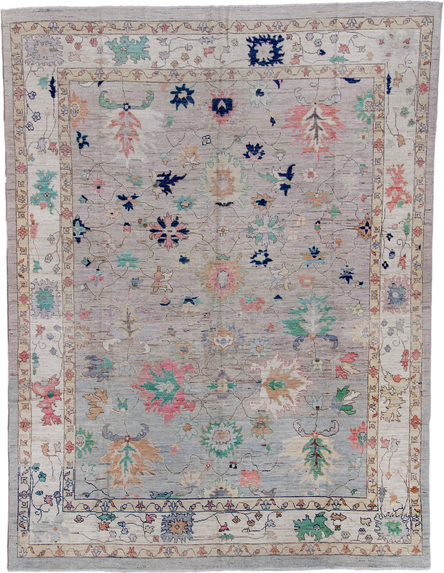 11' x 15' one-of-a-kind handmade vintage Oushak oversize rug. Color palette: ivory, taupe, sage, aqua, blush, navy, gold
