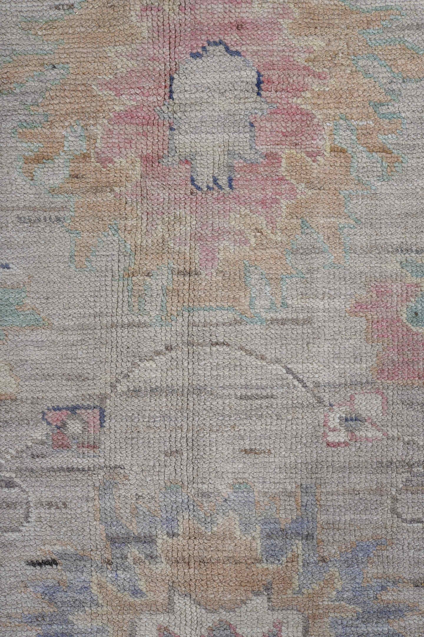 11' x 15' one-of-a-kind handmade vintage Oushak oversize rug. Color palette: ivory, taupe, sage, aqua, blush, navy, gold