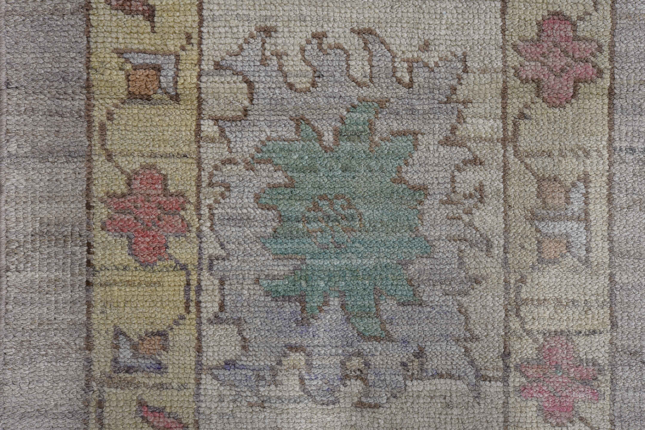 11' x 15' one-of-a-kind handmade vintage Oushak oversize rug. Color palette: ivory, taupe, sage, aqua, blush, navy, gold